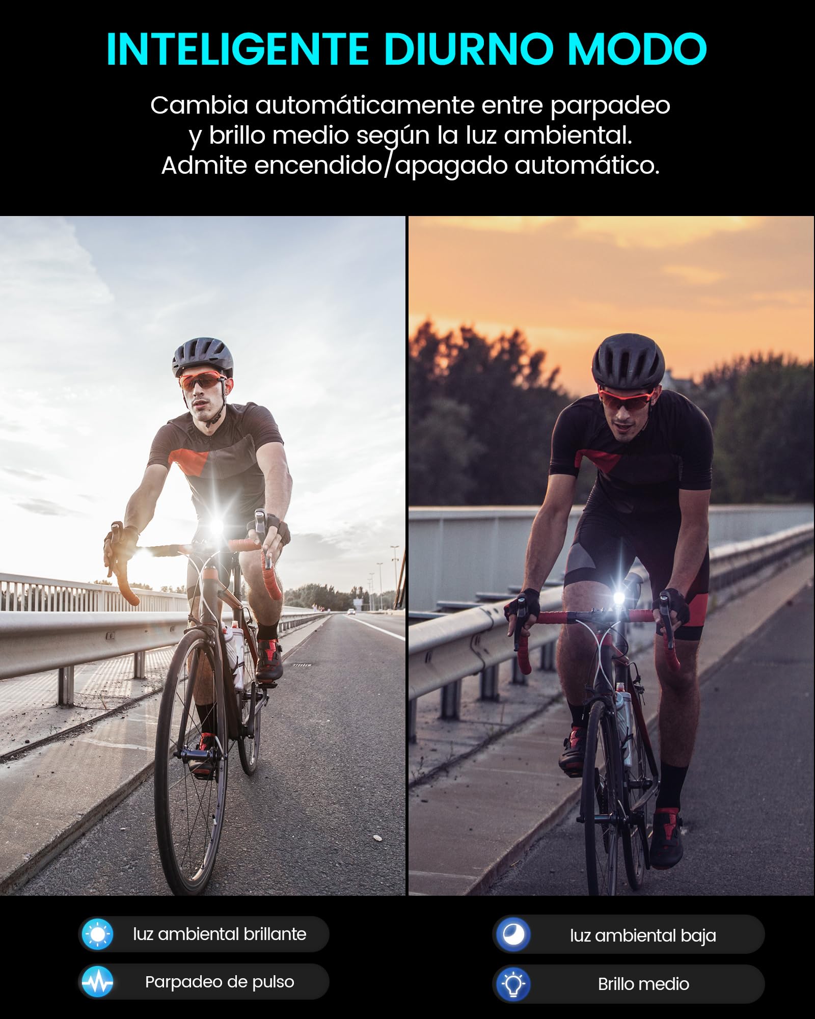 RAVEMEN 1800 Lúmenes Inteligente Faros Delanteros para Bicicleta, K1800 Modo de Conducción Inteligente Diurno y Nocturno Que Ajusta Automáticamente el Brillo, Carga y Descarga USB-C