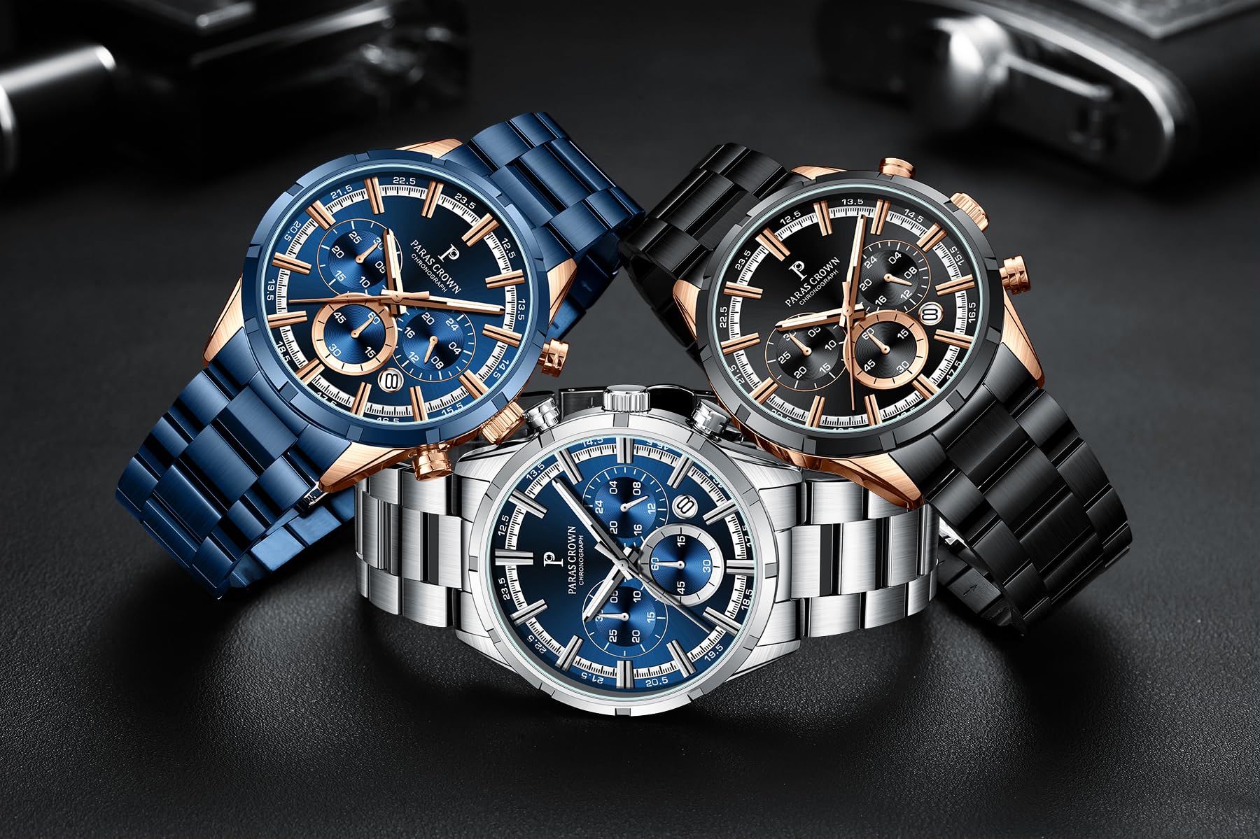 PC PARAS CROWN Orologio Uomo con Movimento al Quarzo Giapponese Cronografo Resistente all'Acqua 5 ATM Cassa in Acciaio Classico Elegante Orologio Cinturino in Silicone
