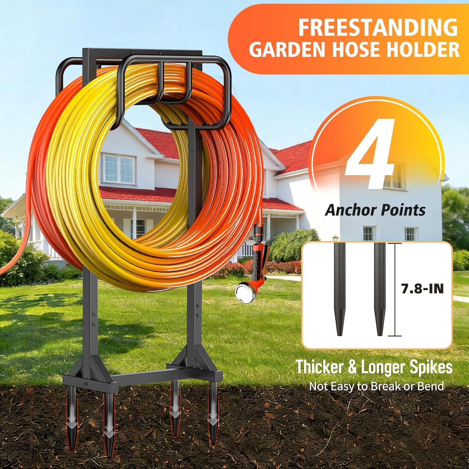 Garden Hose Holder Holds 2 x 160FT Hoses, Super Stable Water Hose Holders with 4 Spikes, Rustproof Freestanding Hose Stand Hanger Garden Hose Storage for Outside Yard Lawn Farm, Black
