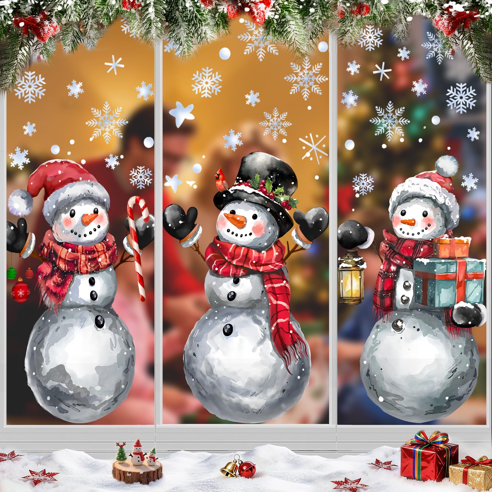 Extra Large Christmas Window Stickers,3 Sheets Snowman Christmas Window Clings Rustic Decals with Snowflake Xmas Decals for WinterIndoor Outdoor Home Holiday Party Store Office Glass Decor