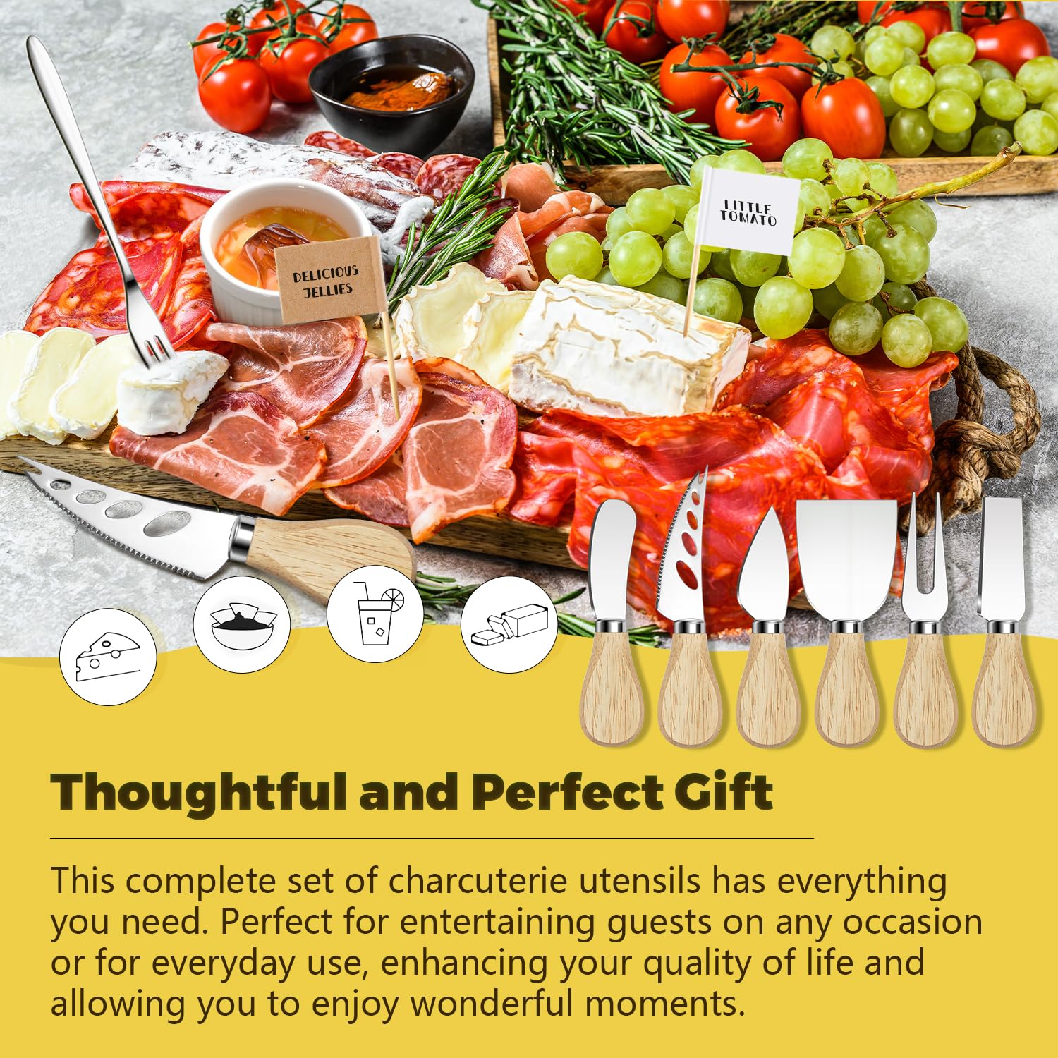 Charcuterie Boards Accessories Charcuterie Utensils Cheese Butter Spreader Knife Set Small Serving Tongs Forks and Spoons Dipping Bowls Honey Dippers Toothpick Flags for Party Platter Making: Silver