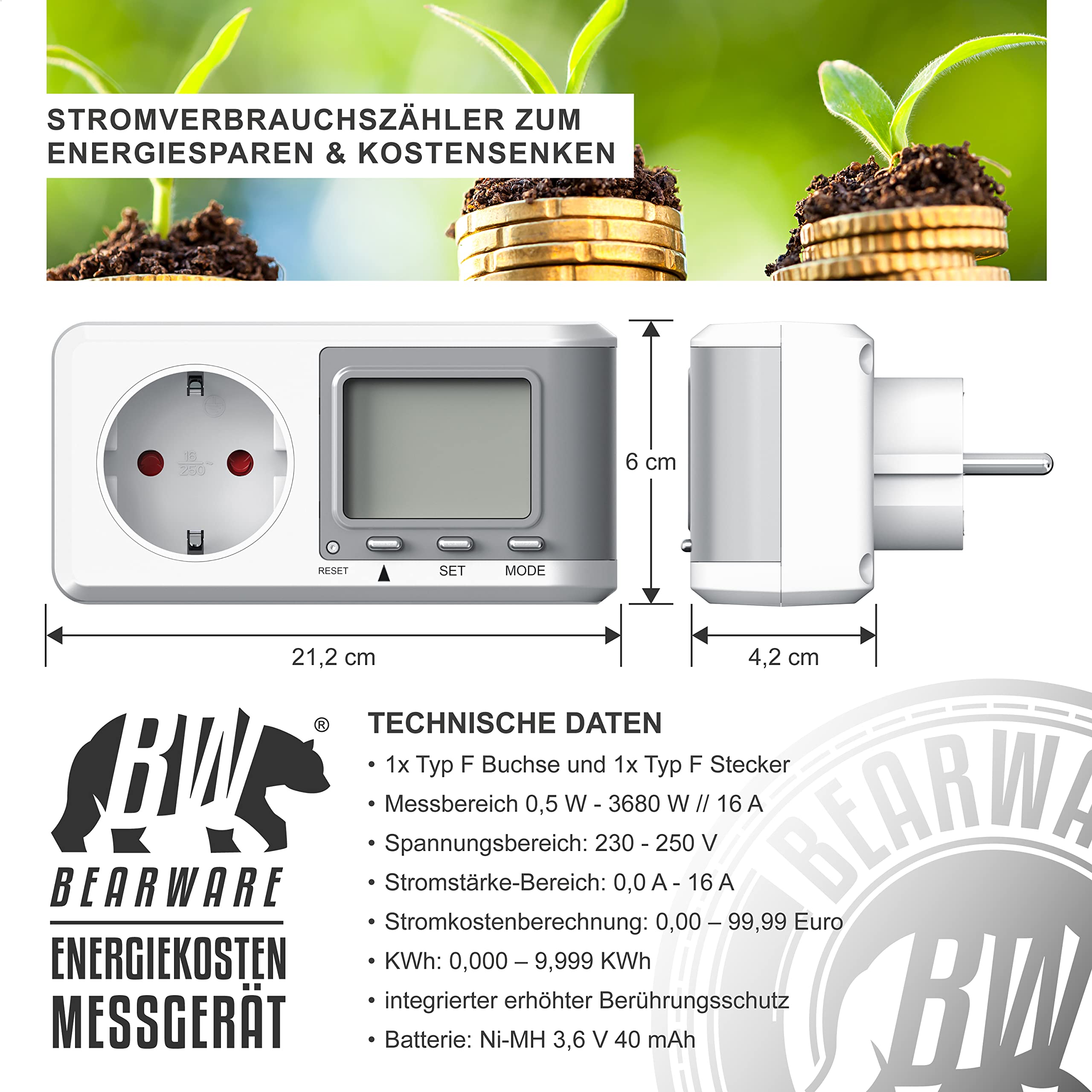 CSL - 3x Stromzähler für Steckdose, Energiekostenmessgerät, Strommessgerät mit erhöhtem Berührungsschutz, Stromverbrauchsmesser 3680W, Energiemessgerät