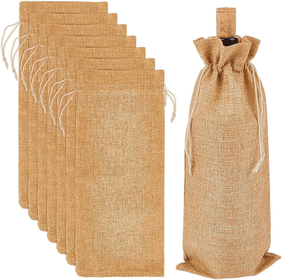 Beebeecraft 8Pcs 13.8x5.9 Inch Burlap Wine Bags Drawstring Champagne Bags Jute Sleeves Wine Bottle Gift Pouches for Whiskey Wedding Party Storage Wrapping