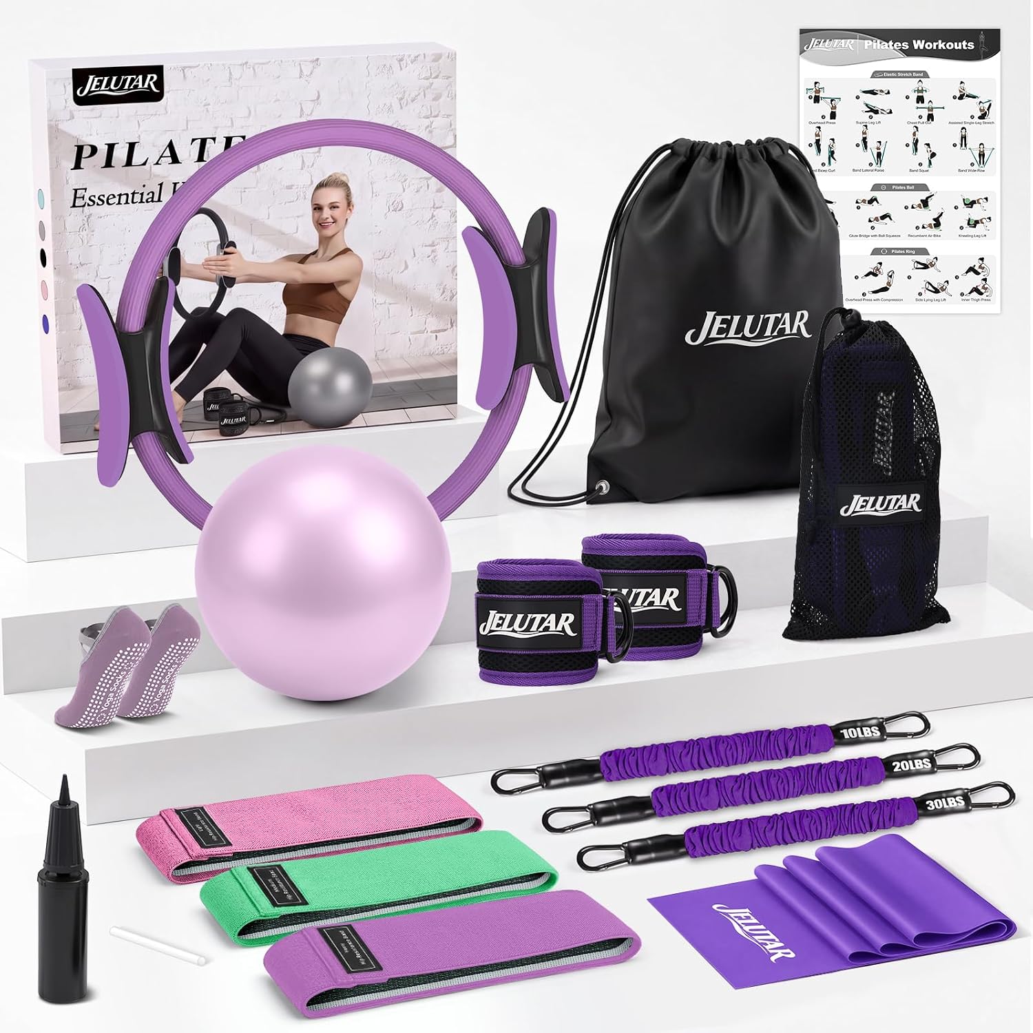 JELUTAR Pilates Kit for Women Home Workout, Pilates Equipment Set, Purple