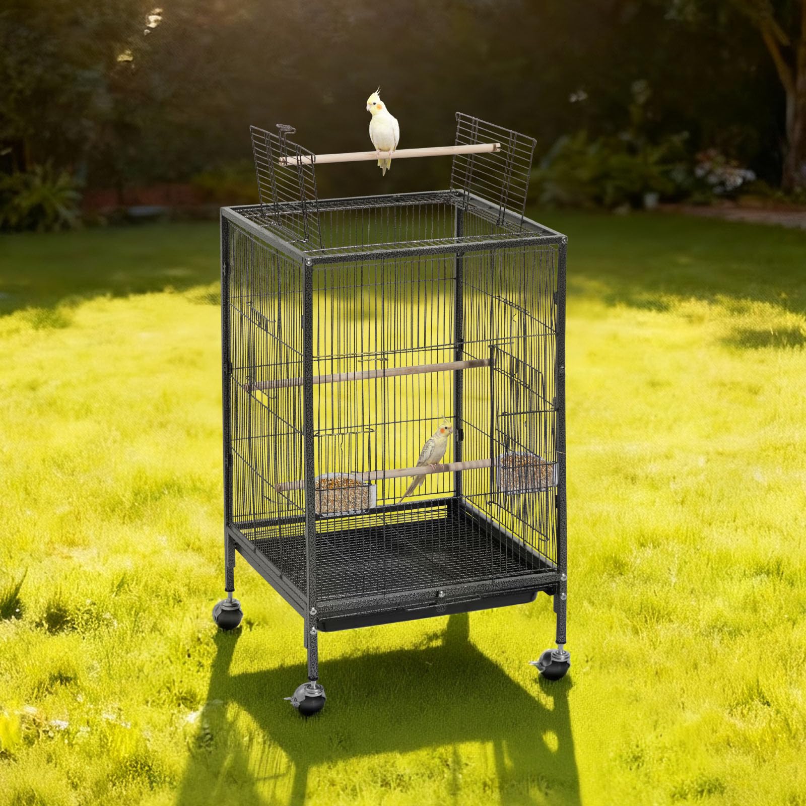 VEVOR Gabbia Voliera per Uccelli da 460 x 460 x 770 mm, Parte Superiore Piatta Aperta, in Ferro Battuto con Trespoli, Vassoio Estraibile e Mangiatoie in Plastica, Ruote, per Pappagallo, Cinciarella
