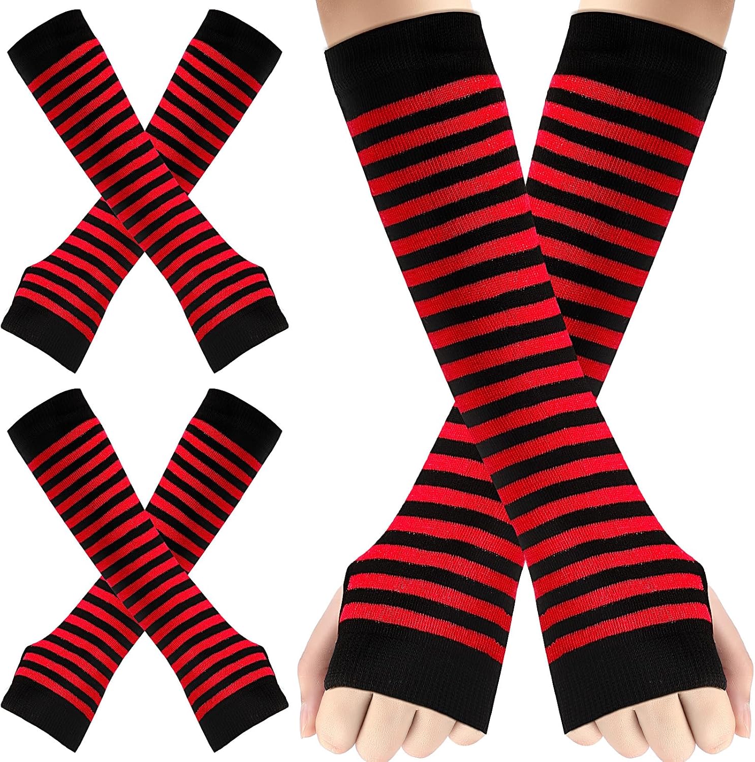 Syhood 2 Pairs Long Arm Warmers Knit Women Fingerless Gloves Winter Stripe Punk Gothic Rock Thumb Hole Party Costume