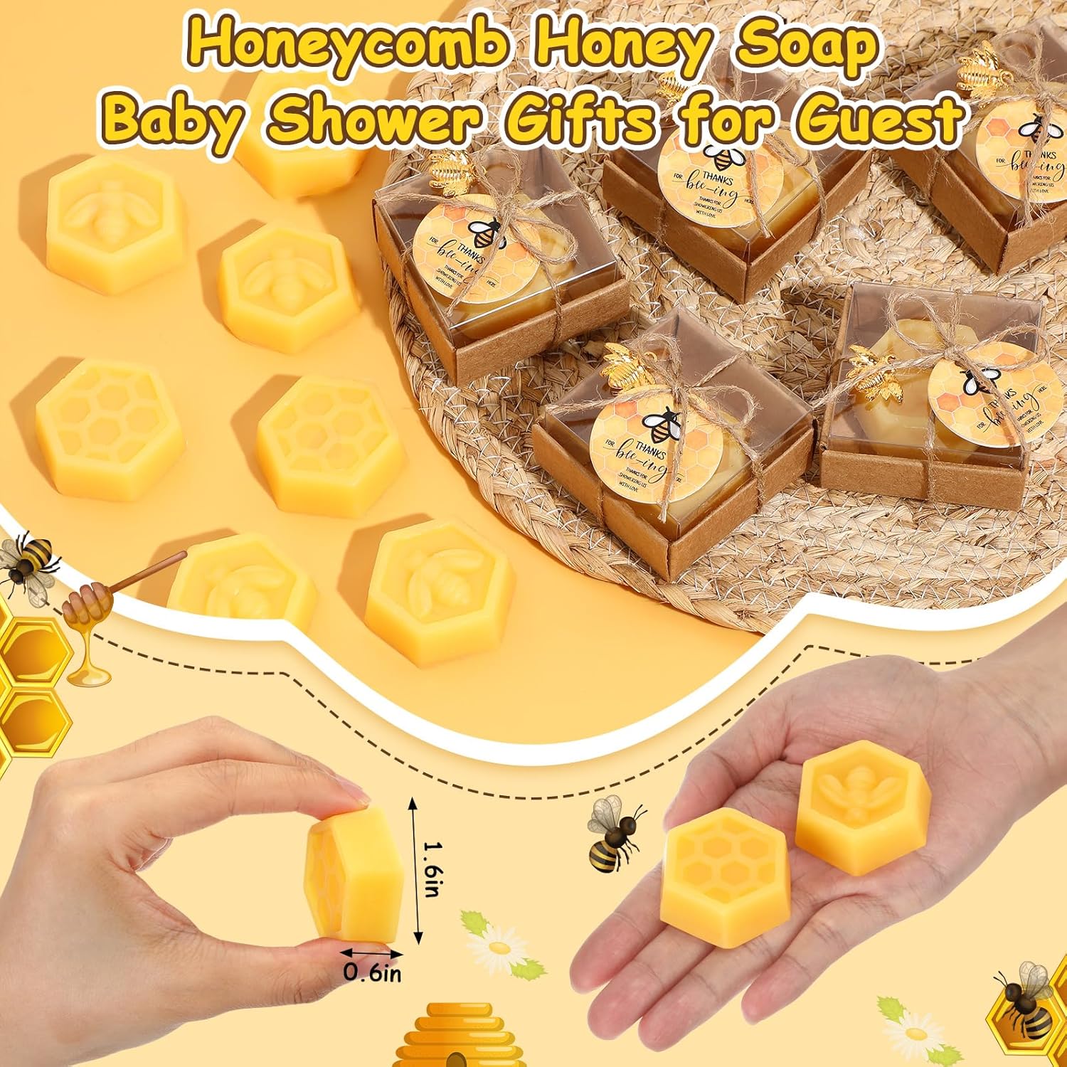 48 Set Baby Shower Bee Party Favors Honeycomb Bee Soap Handmade Scent Soaps with Gift Box Thank You Cards cute Charms for Guest Gender Reveal Keepsake Wedding gifts Decorations (Solid)