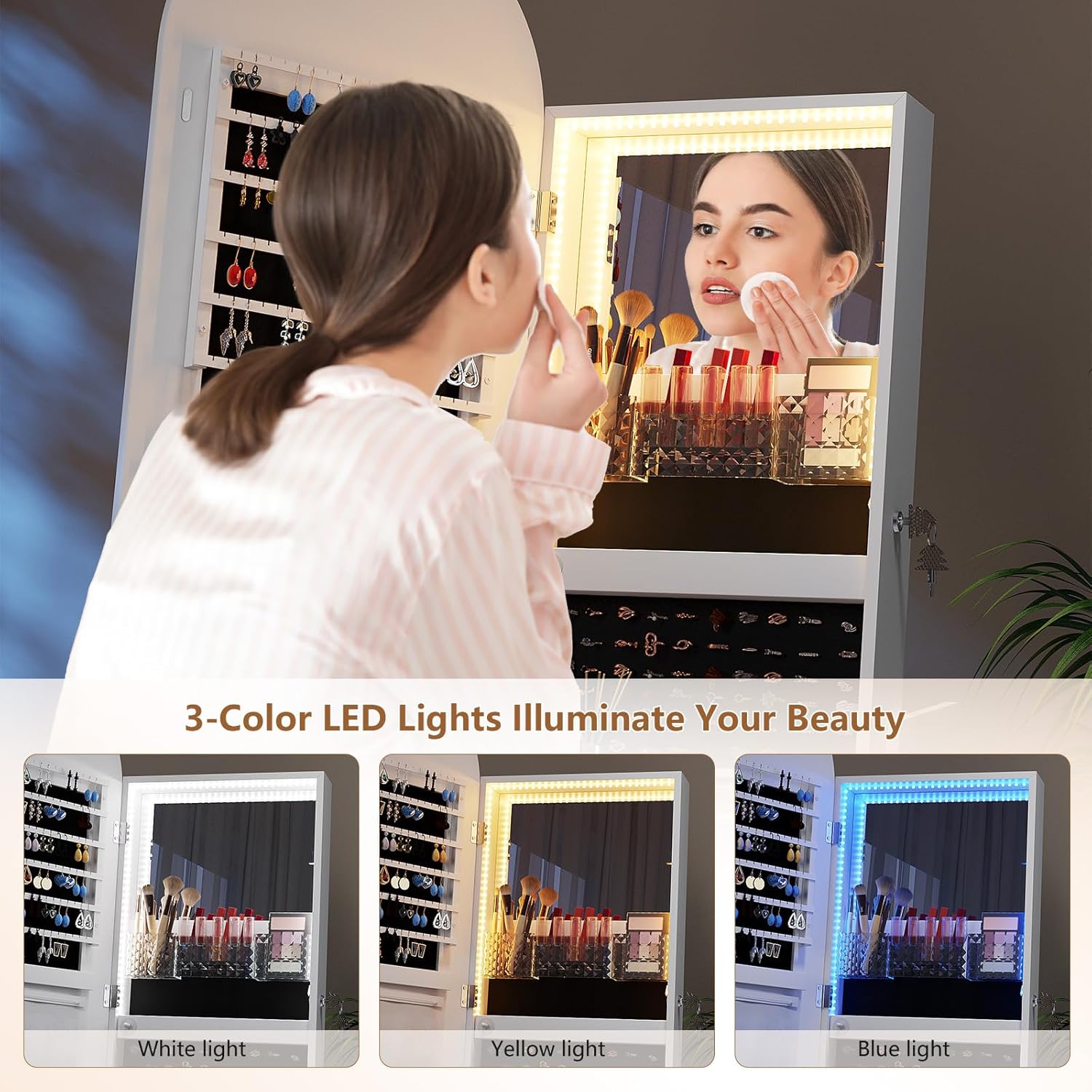 Close-up of the interior LED vanity mirror showing different light color options: white, yellow, and blue