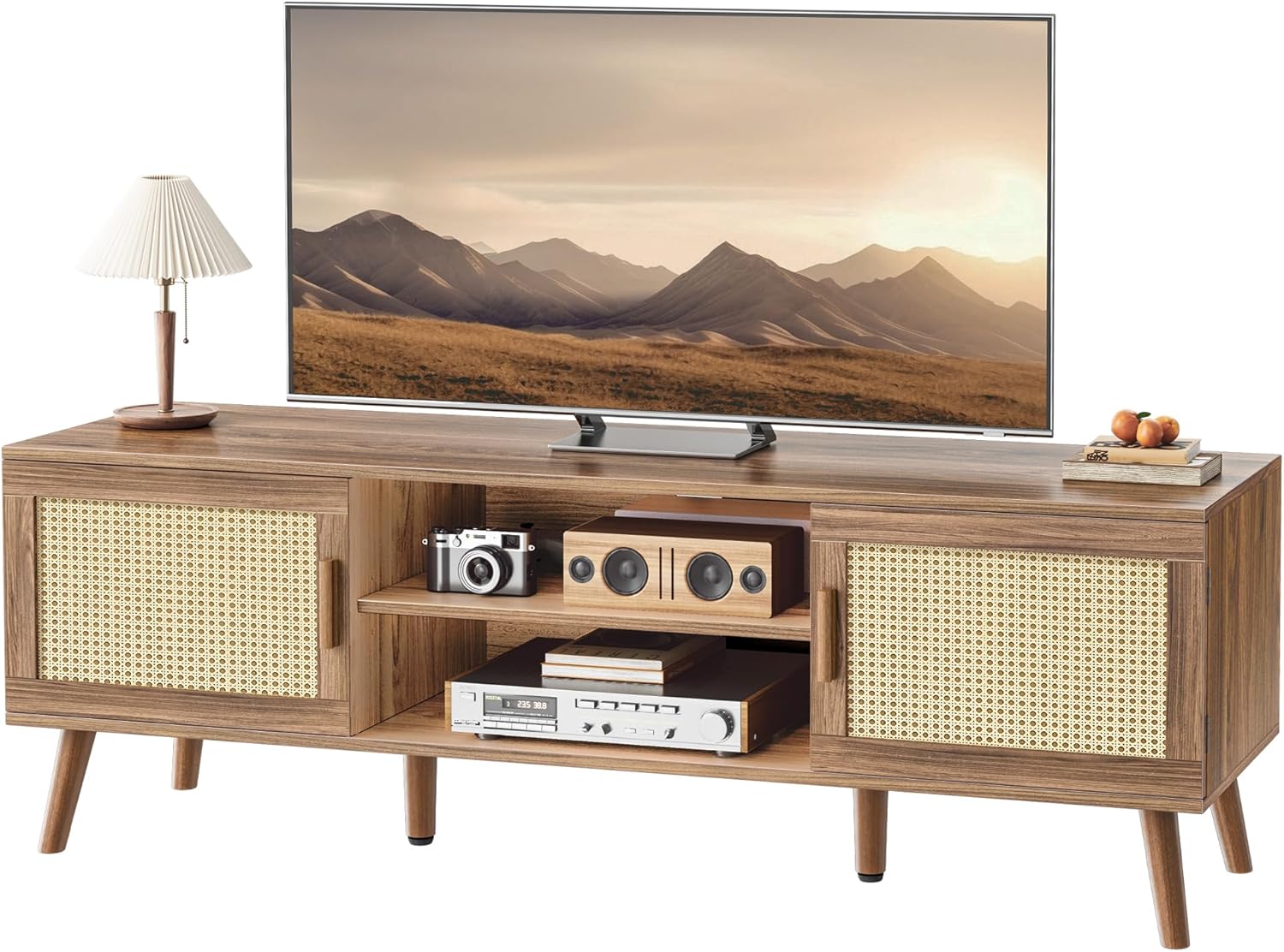 SUPERJARE Boho TV Stand for 65 Inch TV, Entertainment Center with Adjustable Shelf, Rattan TV Console with 2 Cabinets, Media Console, Solid Wood Feet, 4 Cord Holes, for Living Room, Walnut, 8782N 53.9" Walnut