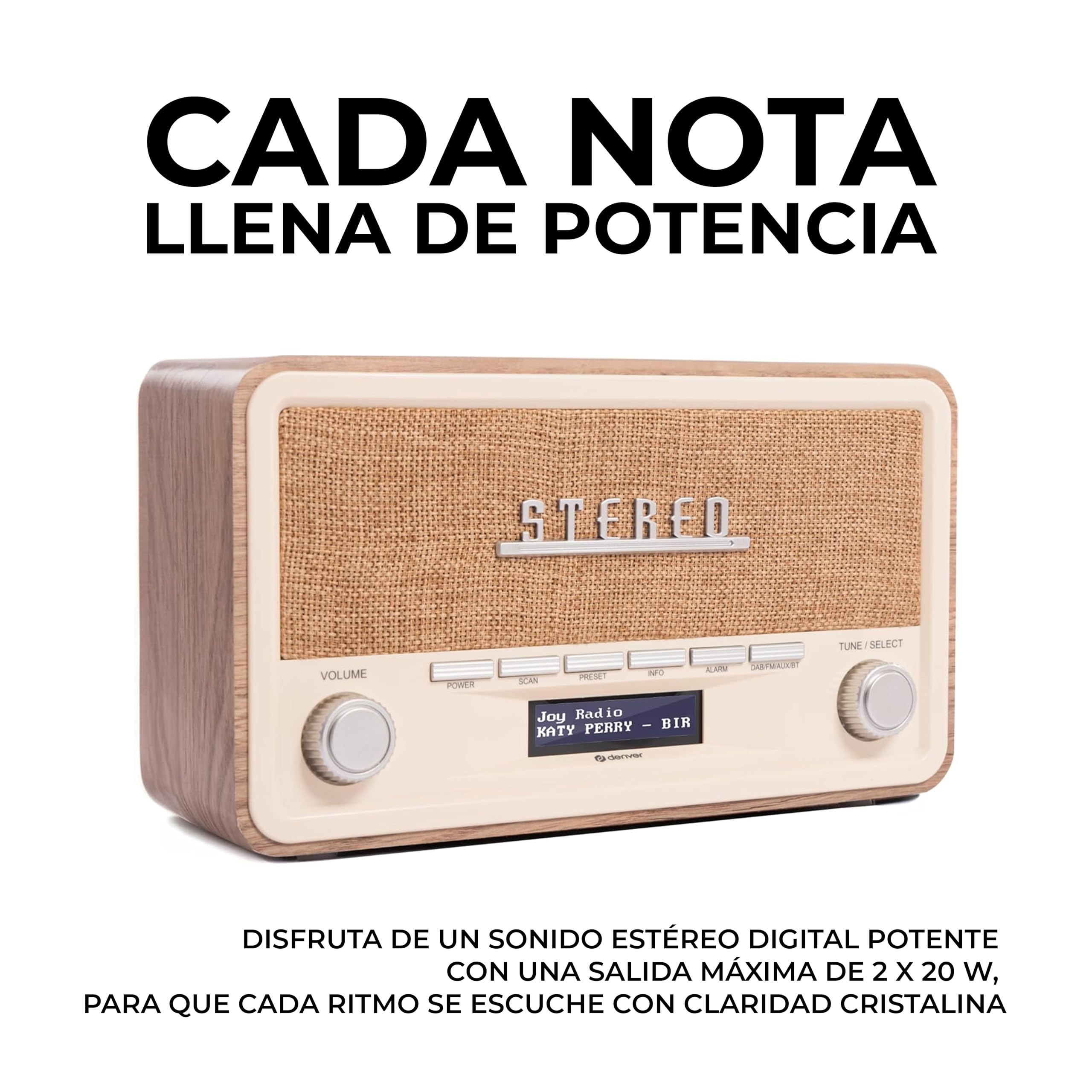 Denver DAB-18 Radio Dab+/FM Bluetooth, AUX, Reloj Despertador, Pantalla LCD, Acabado Madera Clara