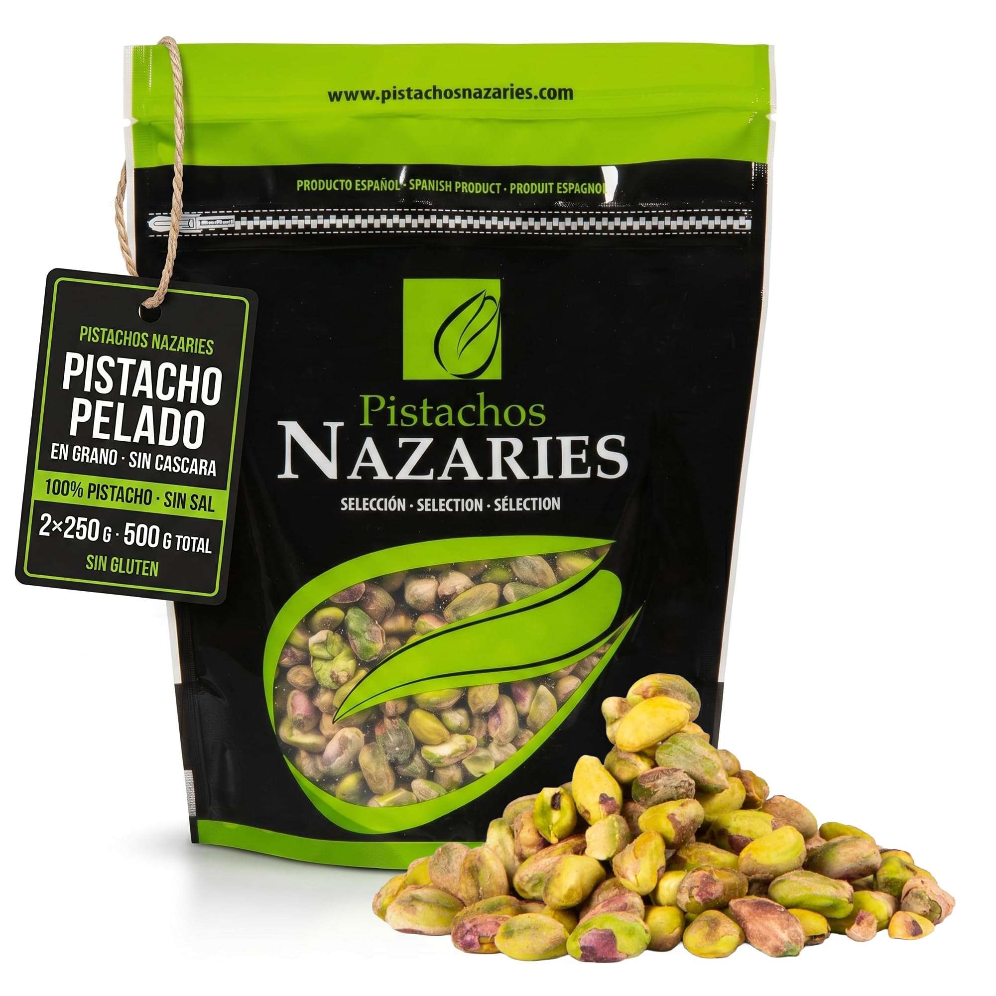 PISTACHOS NAZARIES Pelados Sin Cascara Sin Sal en Grano Natural 500 g 2x250 g Pistachos Españoles Frutos Secos Andaluces Cultivo Propio en Malaga Snack Saludable Aperitivo Reposteria Helado Bizcocho