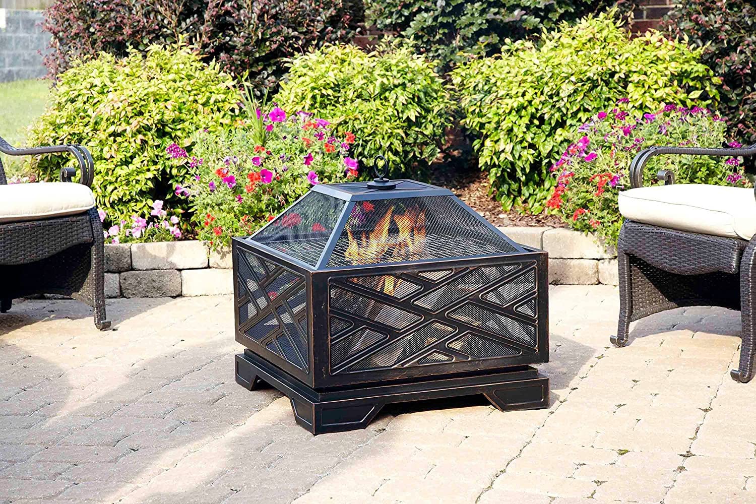 26-calowy kwadratowy żelazny ognisko zewnętrzne, kominek na drewno do ogrodu, patio, grilla, kemping, ognisko z osłoną siatki, grill, pogrzebacz, brąz