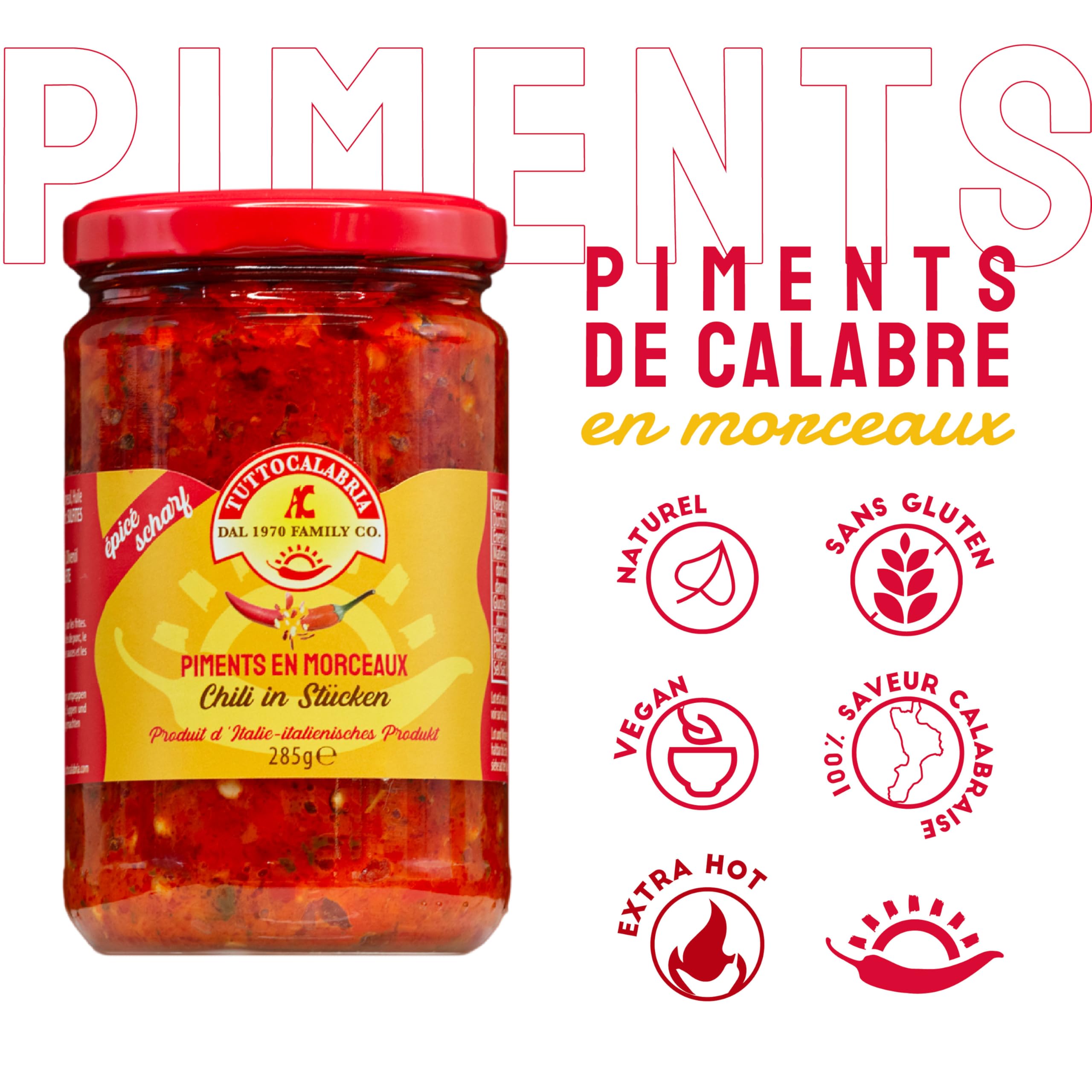 Tutto Calabria - Piments Piquants en Morceaux 285g, Frais Très Piquant Calabrais - Délectez votre palais avec une Touche de Calabre en Plus