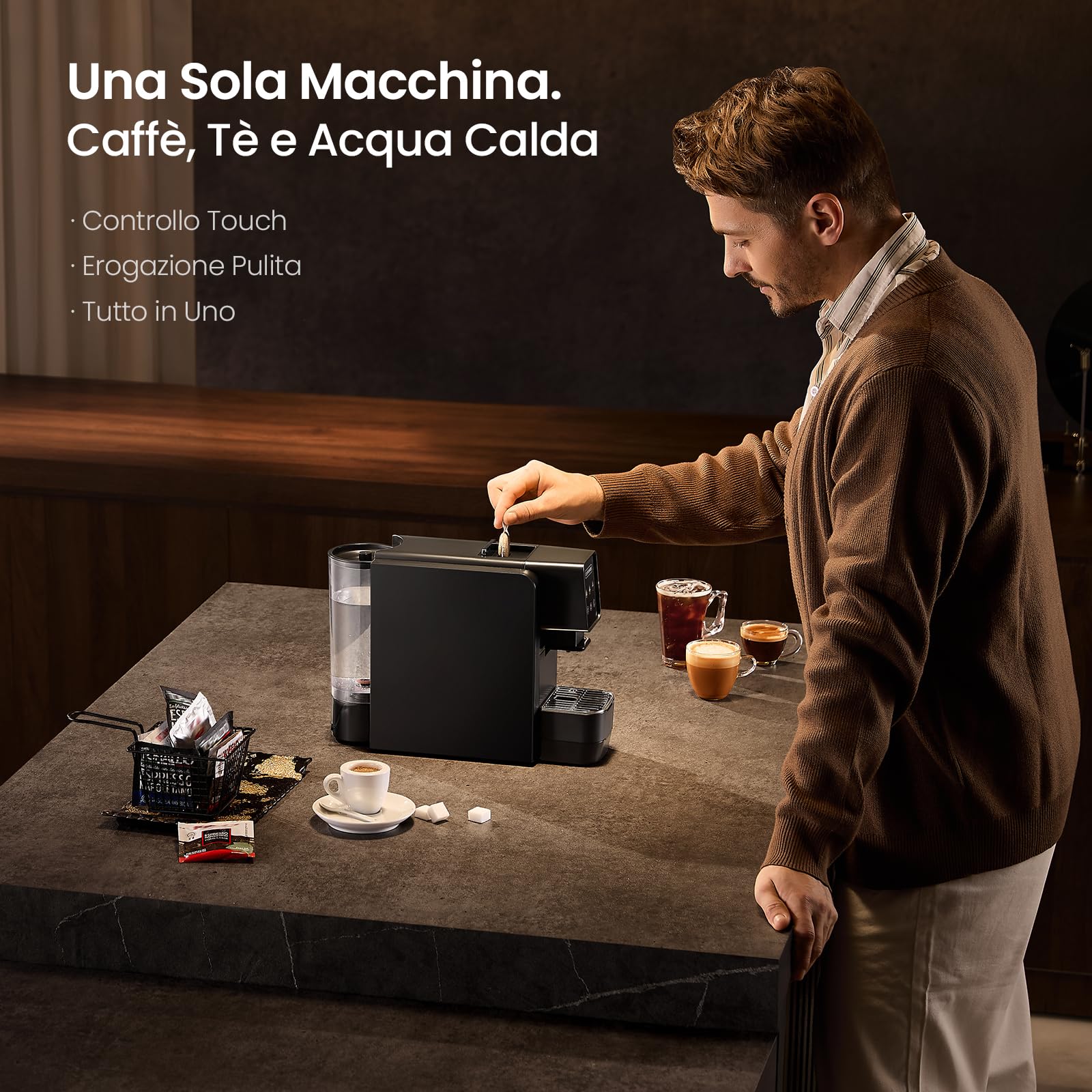 Casabar1 Macchina da Caffè per Cialde E.S.E. 44mm, Touchscreen, 4 Bevande | Pompa Italiana 19 Bar, Pre-infusione, Temp. e Quantità Regolabili, Bypass Americano, Macchina Espresso per Casa e Ufficio