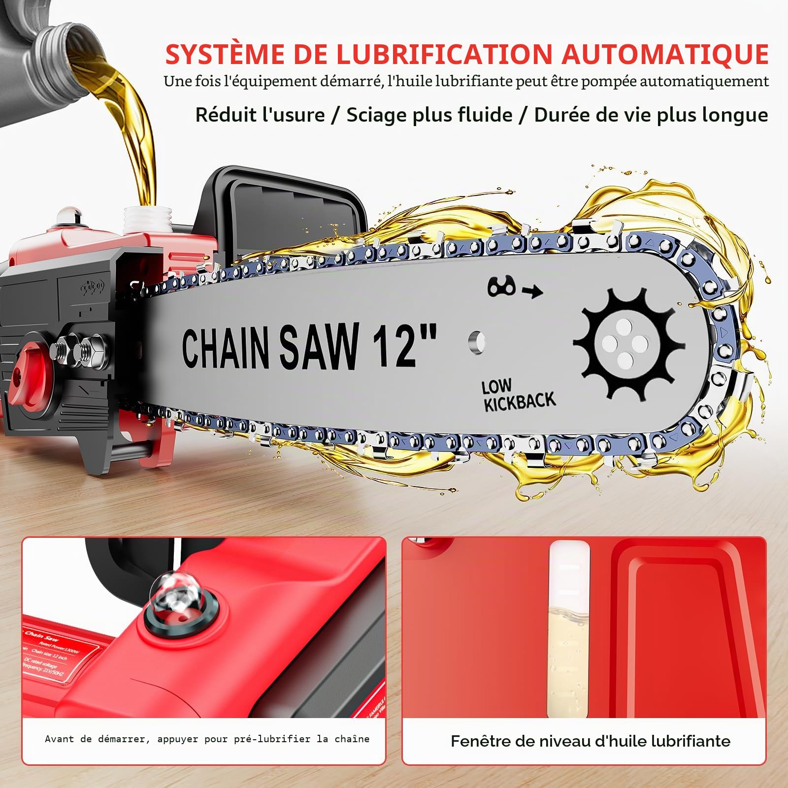 Brushless Mini Tronconneuse a Batterie 12 Pouces, 6000mAh Tronçonneuse Électrique Sans Fil Portable et 2 * 3000mAh Batteries,Lubrification Automatique pour la Coupe Du Bois, Les Branches D'arbres. (L)