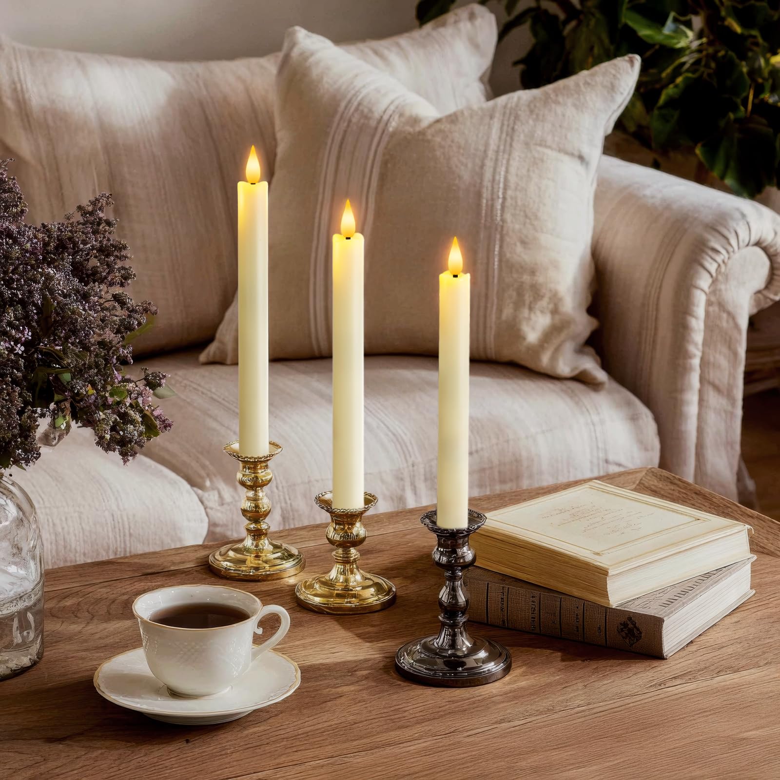 12 velas cónicas sin llama con regulador de temporizador remoto, candelabros LED de plástico marfil de 9.6 pulgadas
