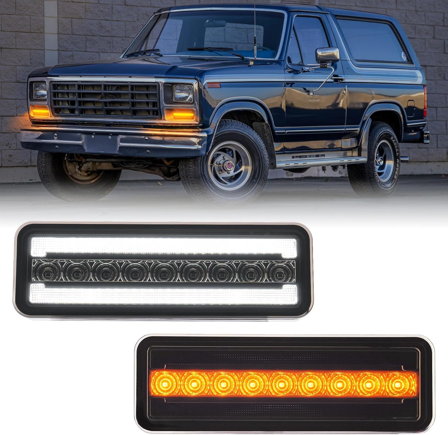 Front Turn Signal LED Lights Running Lamps Compatible with F100 1980-1983,for F150/F250/F350/Bronco 1980-1986,White as Parking Light,Amber Yellow LED as Turn Signal Smoked Lens