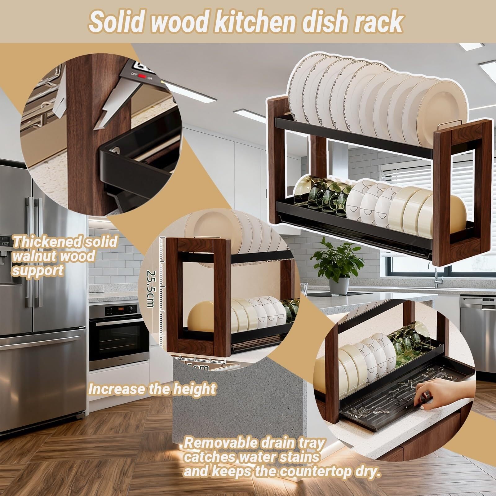 Scolapiatti in legno a 2 livelli, scolapiatti pieghevole scolapiatti | Portautensili con set portaposate for utensili da cucina