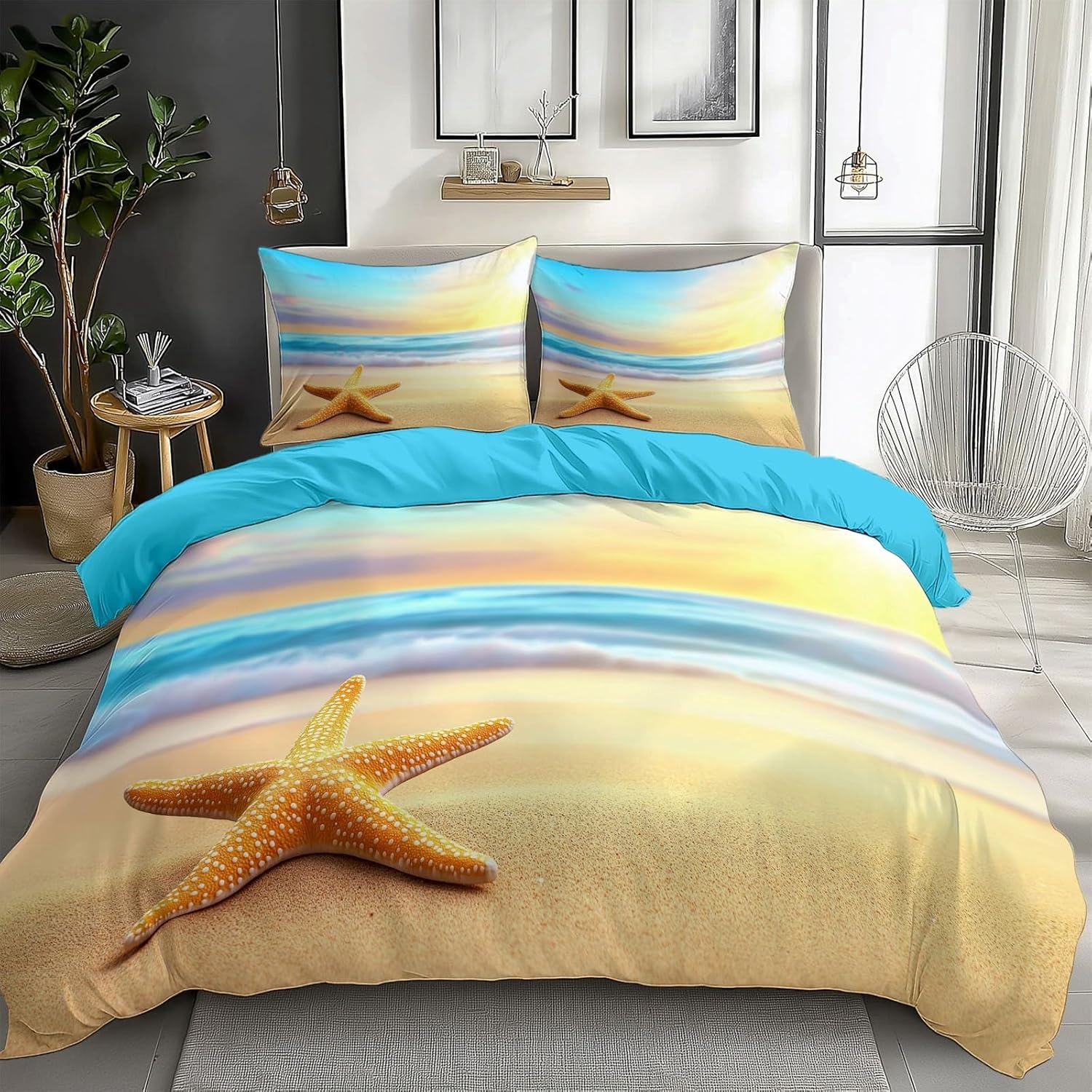 Reversible 100% Microfiber Duvet Cover Set - Golden Beach and Blue Sea Seascape Pattern- 2 Piece Botanical Bedding Set with 1 Shams 50x75 cm - Toddler Sky Blue Soft Lightweight Bedding