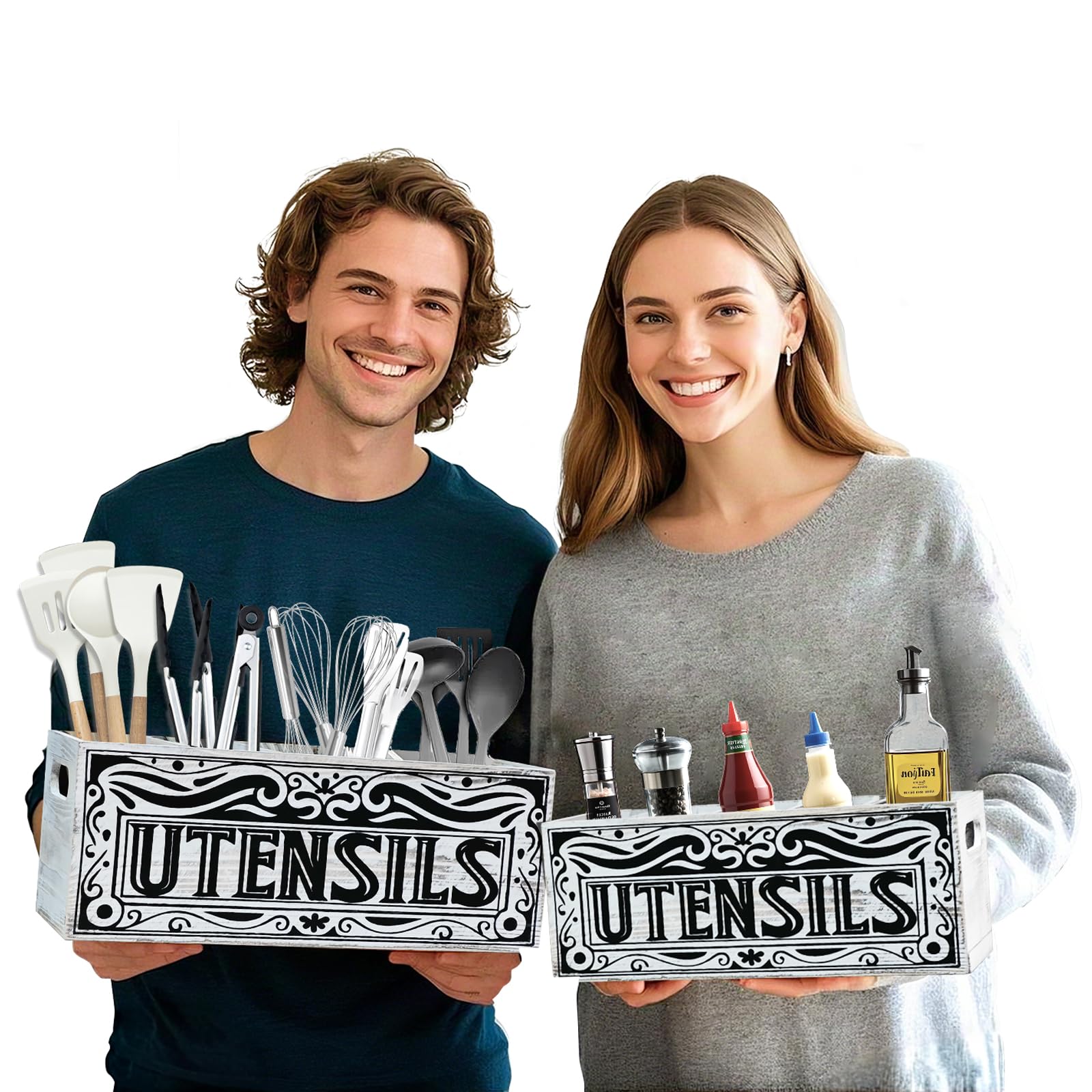 Large Utensil Holder for Kitchen Counter - white Farmhouse Style Wooden Utensil Caddy Organizer with 5 Compartments, Rustic Kitchen Tool Storage, Countertop Decor (Set of 2, 16.5'' & 15.3'')