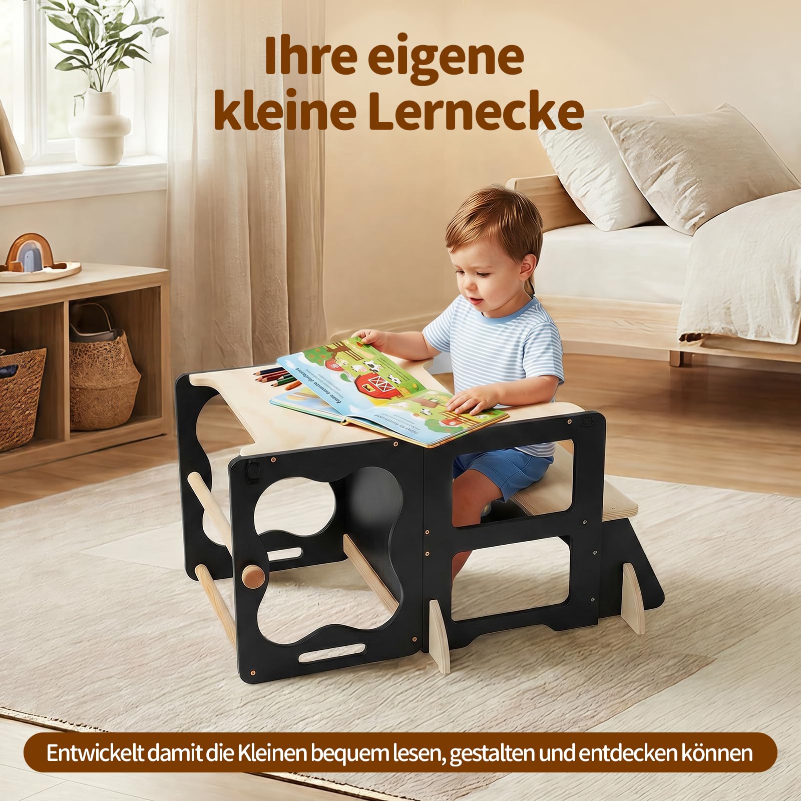 COSYLAND Lernturm Kinder 3in1 Küchenhelfer mit Tafel & Geländer Schwarz | Stabiler Küchenhelfer, wandelbar zu Tisch & Stuhl. Ideal für Lernen, Spielen und Küche. Sicher und zuverlässig.