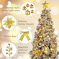 Vista 3 de Poen 108 piezas de adornos para árbol de Navidad, incluyendo bola de Navidad, purpurina, flores de Pascua, lazos, bayas, tallos, hojas, copos