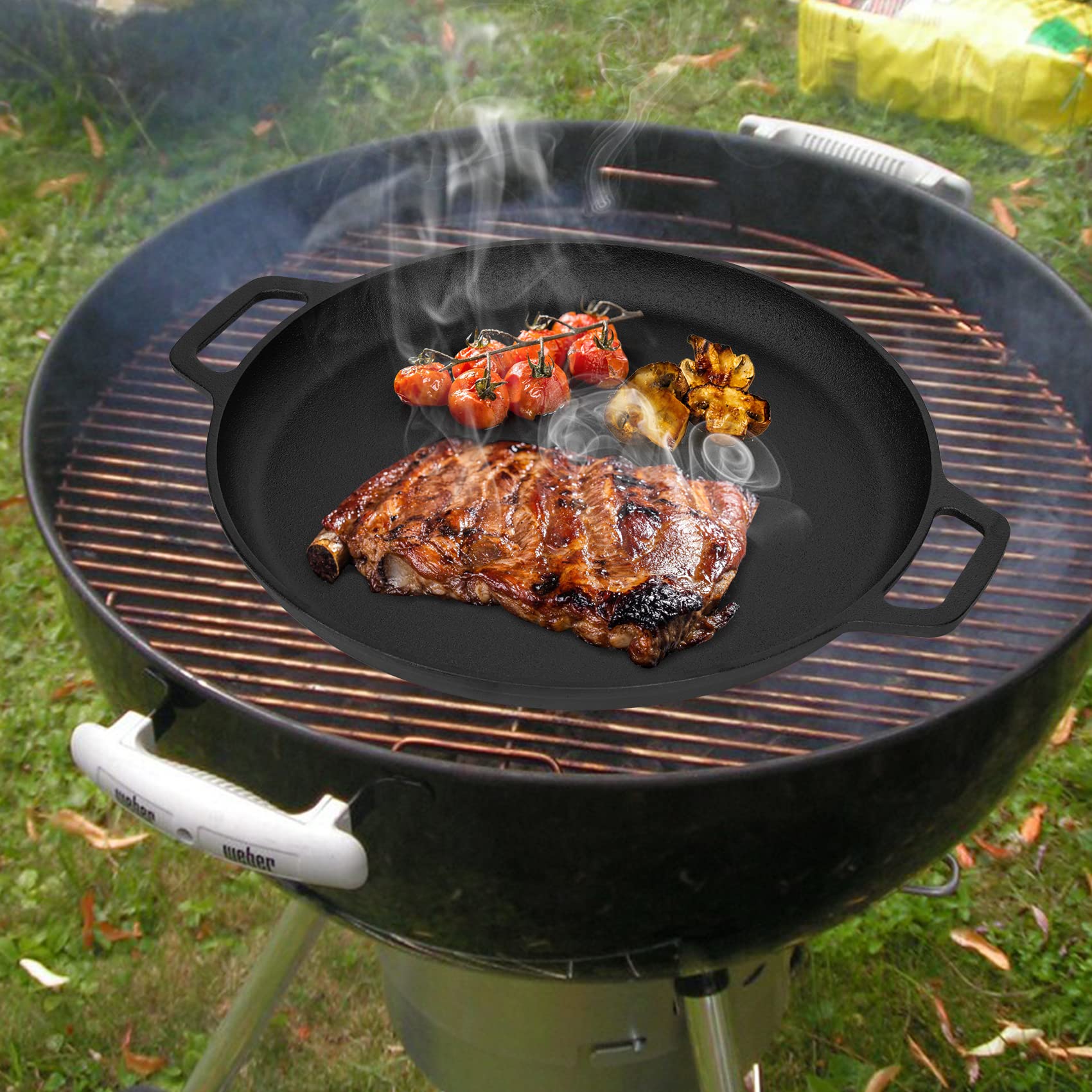 Mimiuo Poêle en Fonte, Ø 30cm Ronde Poele Grill avec Manche Amovible en Bois, Poêle à Frire à Steak BBQ pour Four à Pizza et Cuisinière