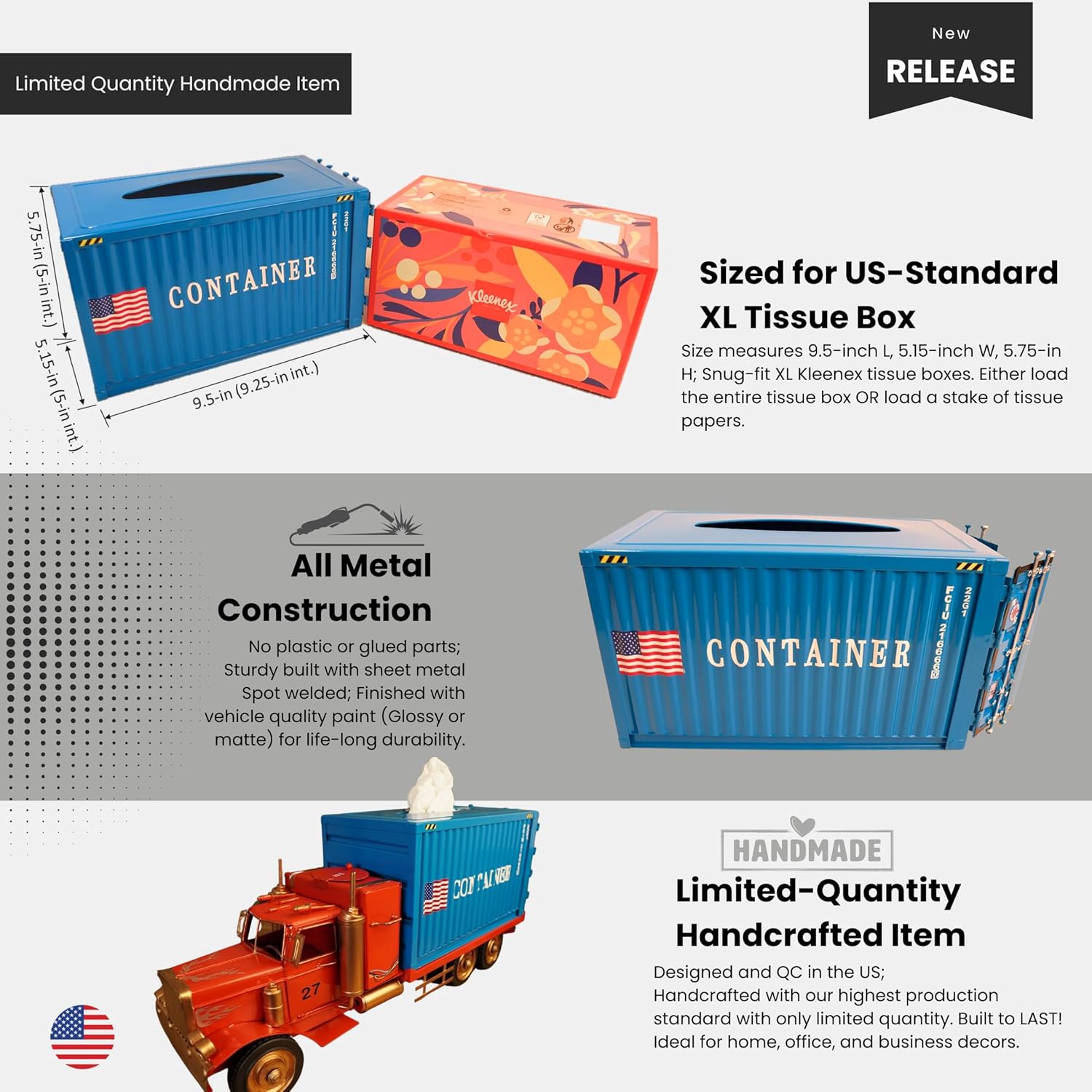 Shipping Container Tissue Box Cover – Sturdy All-Metal Construction, Fits XL US Tissue Boxes – Industrial Decor for Homes, Offices, Restaurants & Man Caves (Blue)