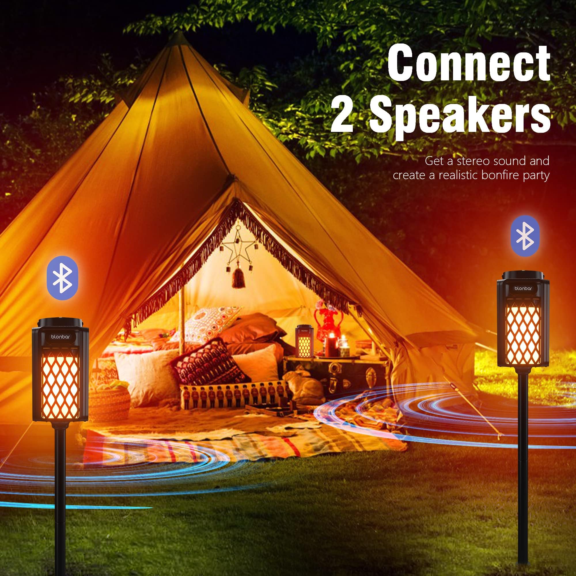 blonbar Bluetooth Lautsprecher mit Flammenlicht, IP65 Wasserdicht Outdoor Lautsprecher & Taschenlampe für Terrasse, Garten,Geschenke für Männer, Frauen (2)