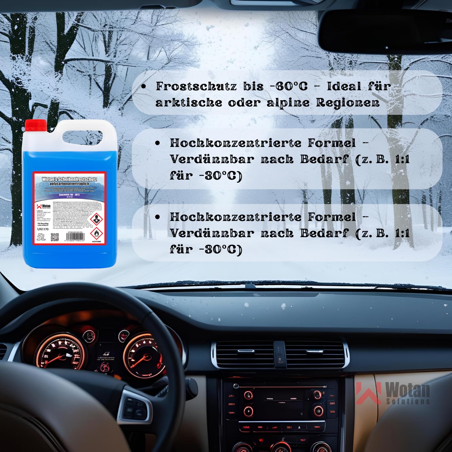 Wotan's 25 Liter Scheibenfrostschutz - 60 Grad | Frostschutz Konzentrat für die Auto Scheibenwaschanlage | Scheibenfrostschutz Konzentrat 25L (5 x 5L) | Frostschutzmittel Scheibenwaschanlage
