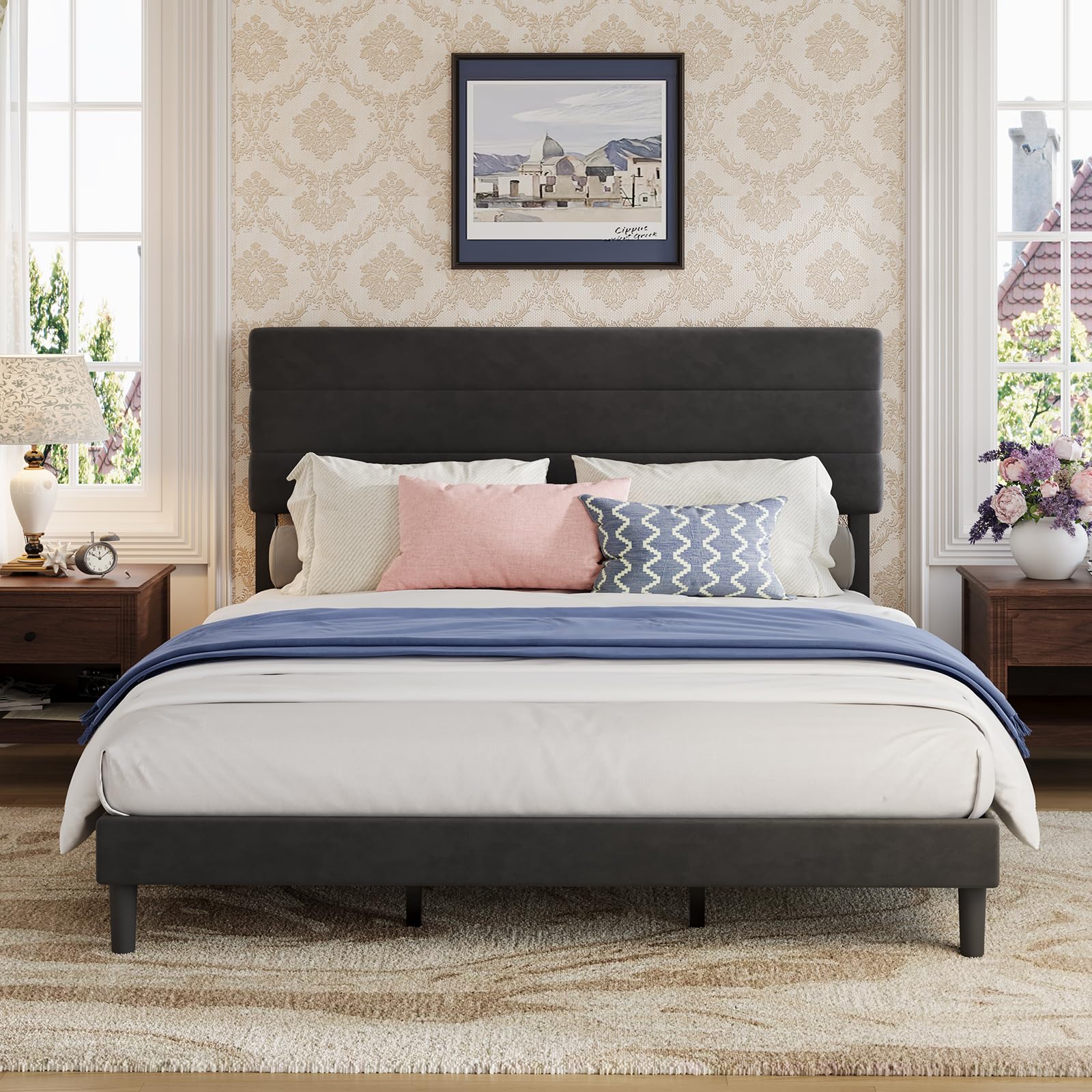 Avenco King Size Bed Frame Upholstered Platform Bed Frame with 3-Height Adjustable Headboard Easy Tool-Free Assembly Under Bed