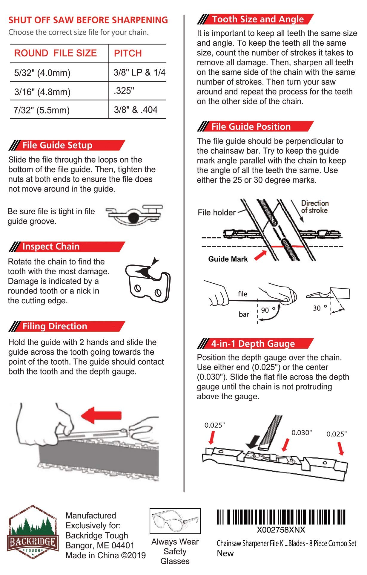 Chainsaw Sharpener File Kit Flat, 5/32, 3/16, 7/32 Inch Round Files, Raker Tooth Depth Gauge