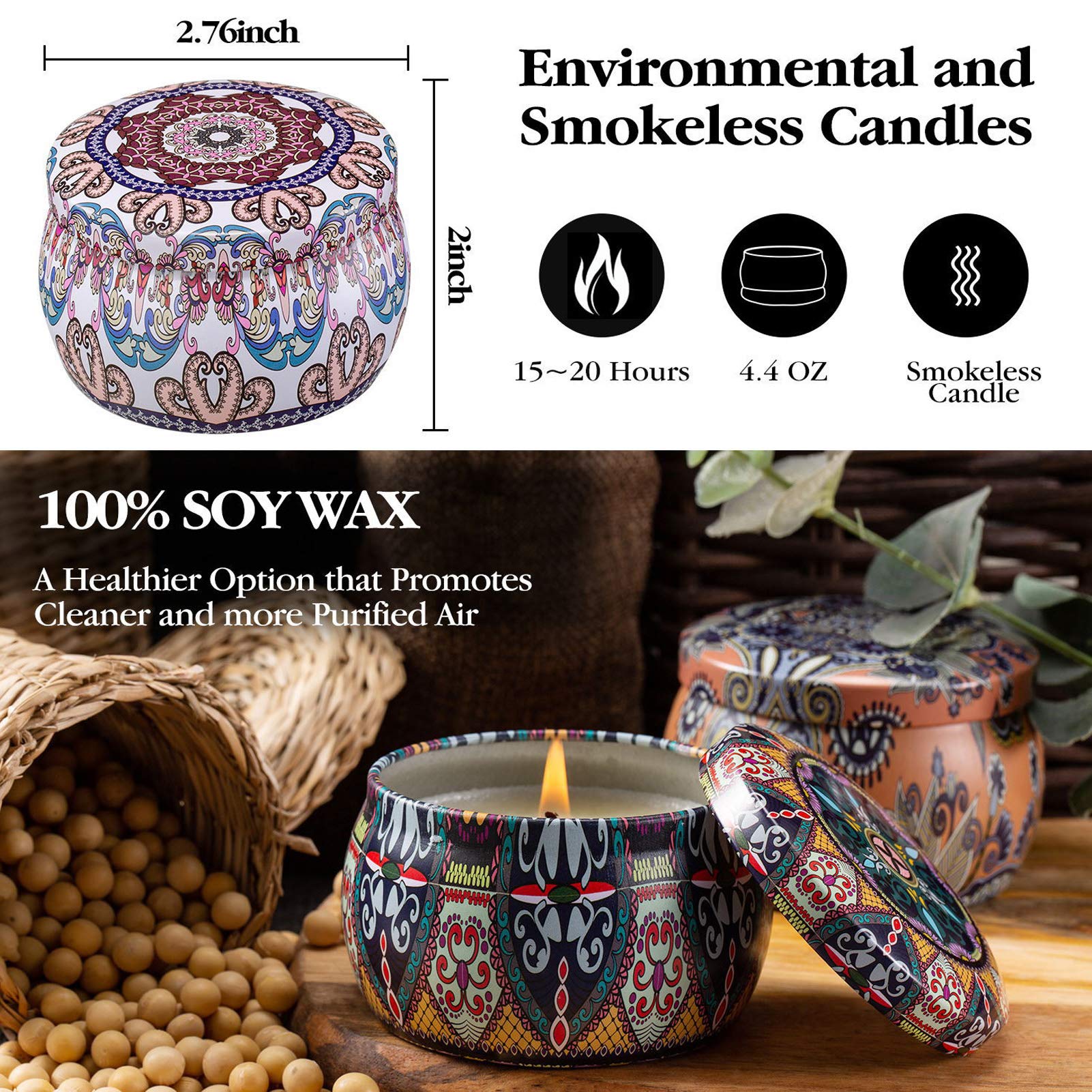 Set de velas con aroma 8, juego, puro natural de soja lata de soja cera velas de aromaterapia mujeres día de la madre cumpleaños decoración navideña