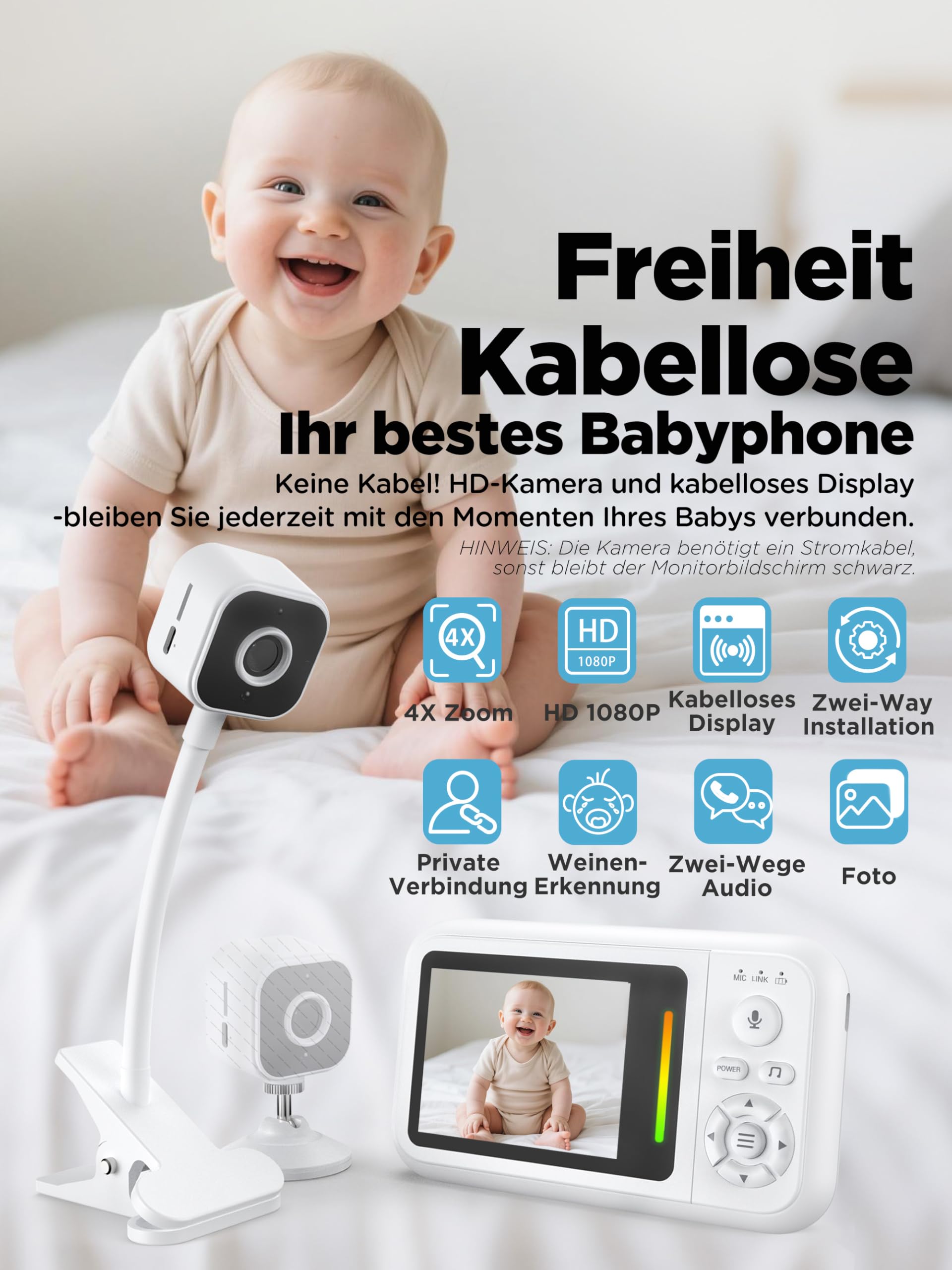 NUOTUN Babyphone mit Kamera Ohne WLAN, Tragbares Baby Kamera Monitor mit Halterung & Bettclip, Zwei-Wege-Audio, Sichere 2,4GHz, Nachtsicht, VOX-Modus, Temperatursensor, 4X Zoom, Timer, Schlaflieder
