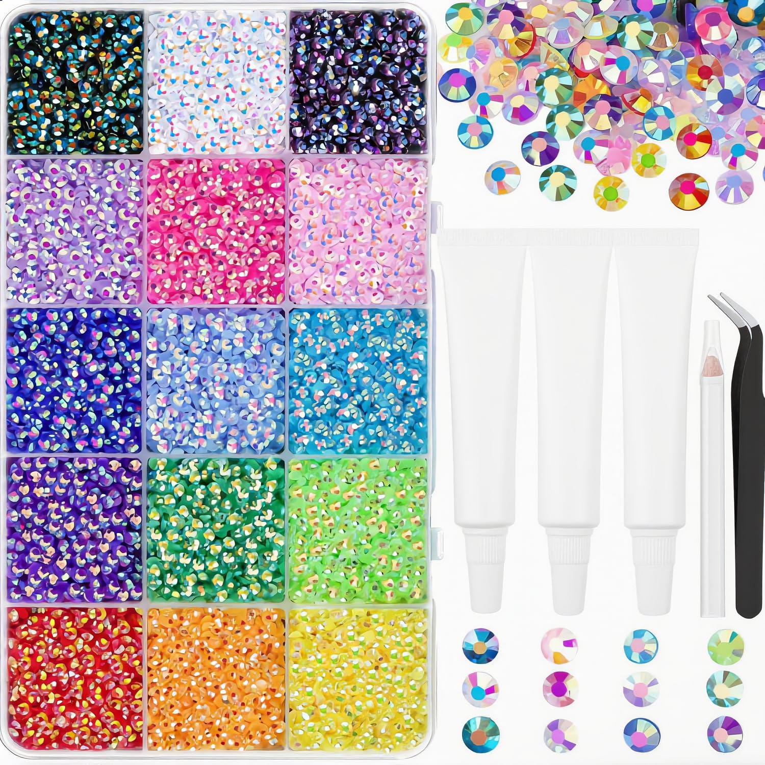 18000Pcs Resin Jelly Rhinestones for Bedazzling, Multicolor 3mm Flatback Rainbow Gems, Bedazzler Kit with 3Pcs Jewelry Glue for Crafts Crafting Book Shoes Nail Art
