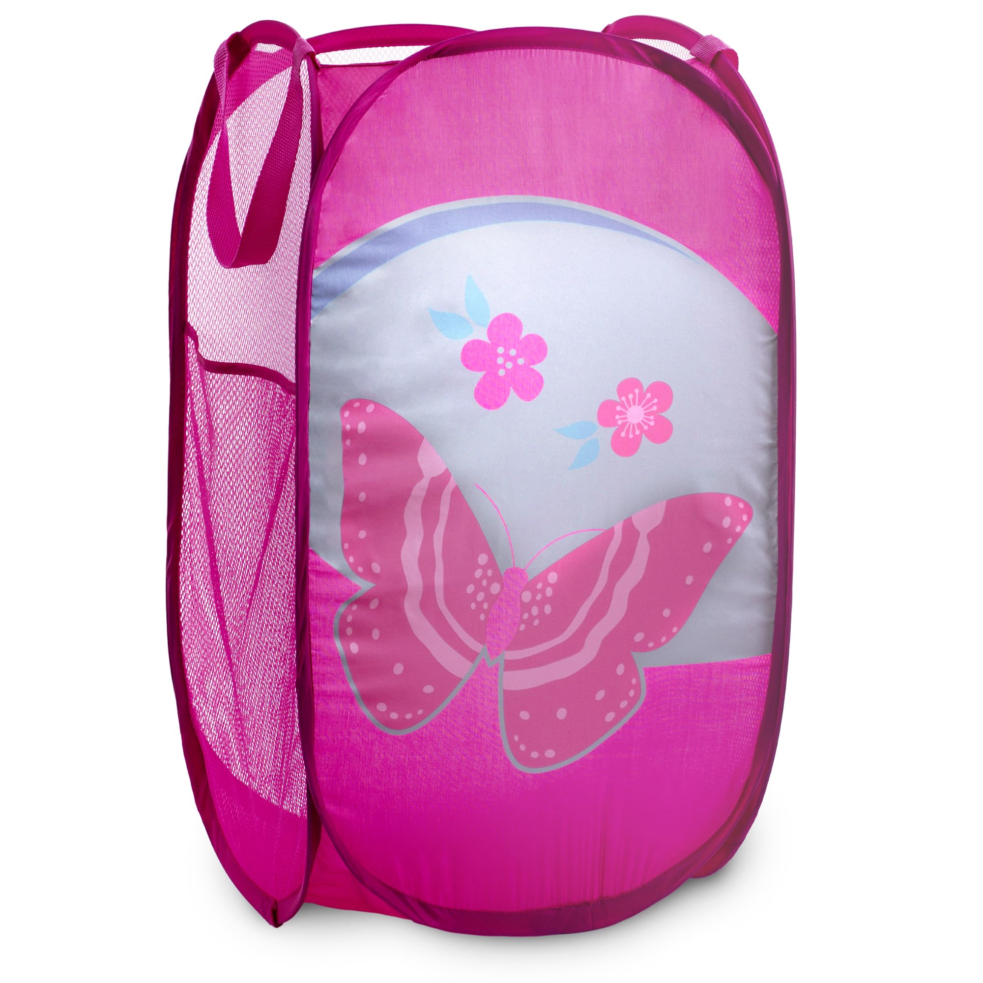 Collapsible Mesh Pop Up Hamper with Wide Opening and Side Pocket - Breathable, Sturdy, Foldable, and Space-Saving Design for Clothes and Storage (Butterfly)