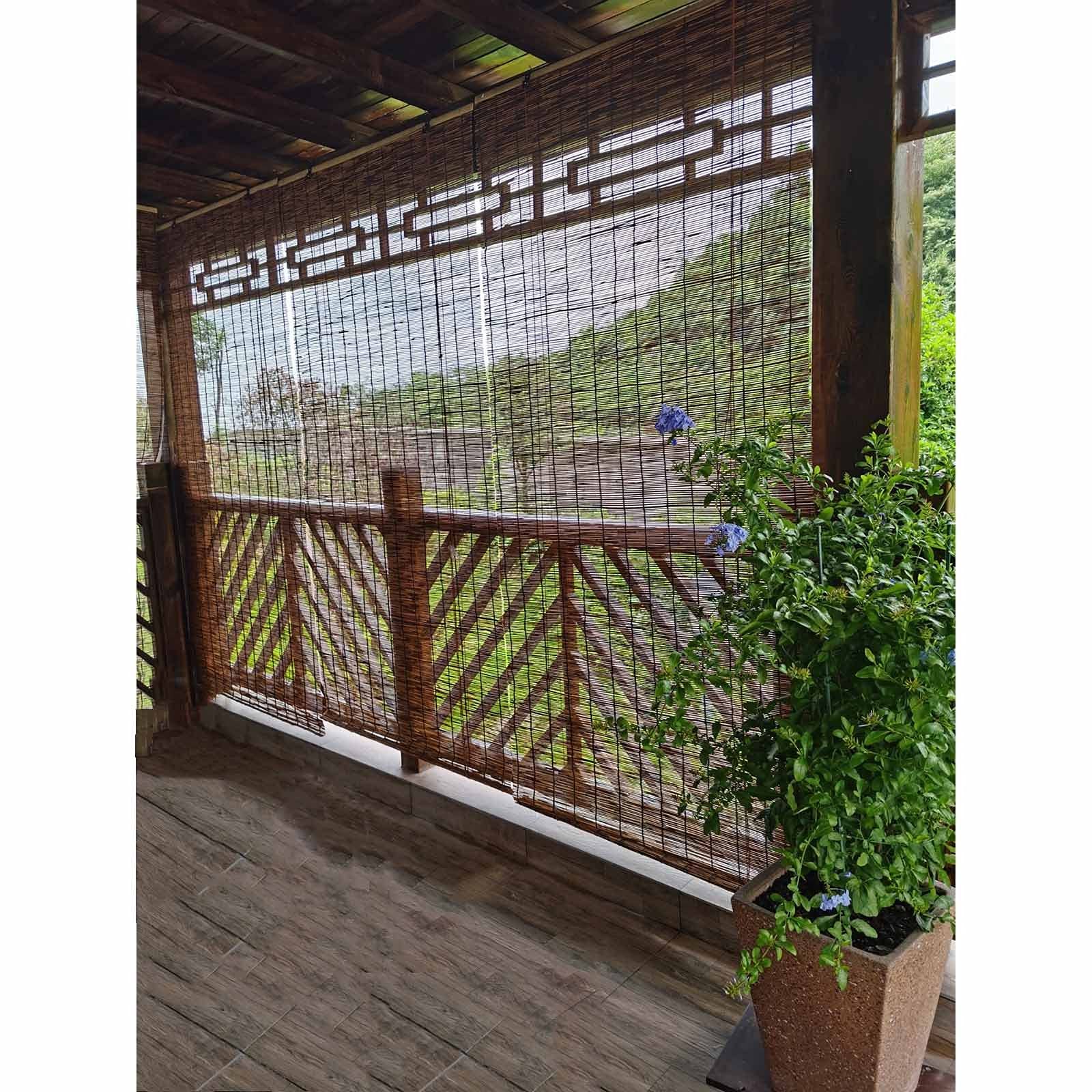 Karbonizowana naturalna zasłona trzcinowa, bambusowe rolety z podnośnikami, balkon, taras, pergola, zasłona przeciwsłoneczna ze słomy, do użytku na zewnątrz zwijane, konfigurowalne, szer. x wys. 110 x 120 cm