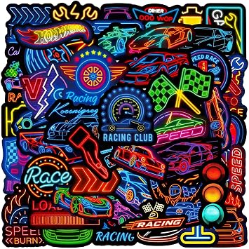 50PCS Cool Neon Racing Sticker Pack, Vibrant Car Stickers, Waterproof Vinyl Decals for Laptops, Phones, Notebooks, Luggage, Guitar, Ideal Decorative Decals for Racing Fans & Kids