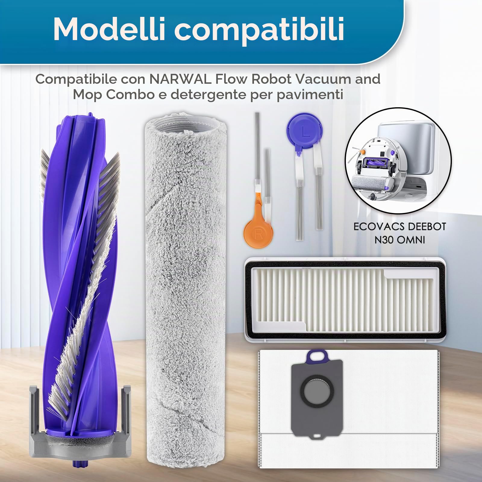 Confezione da 14 pezzi di ricambio Flow compatibili con robot aspirapolvere Narwal Flow, 1 spazzola a rullo, 1 mocio a pista, 4 spazzole laterali, 4 filtri HEPA, 4 sacchetti per la polvere, kit di