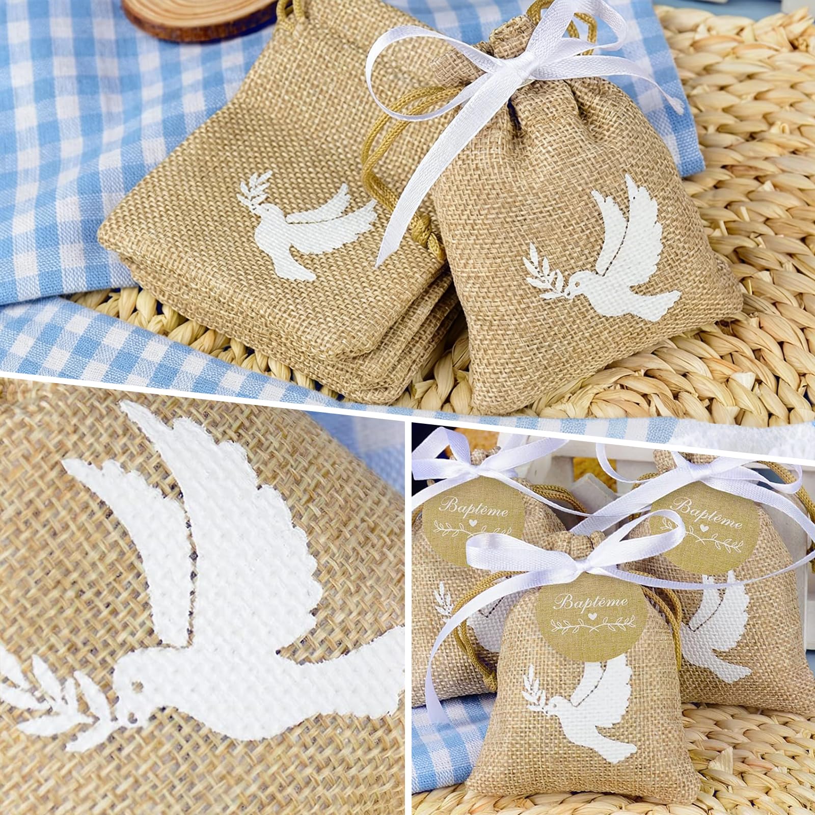 FINEVERNEK 20PCS Sachets Dragées Baptême avec Étiquettes et Ruban Blanc Pochette Dragée Motif Colombe pour Baptême, Communion, Confirmation et Décorations de Cérémonie