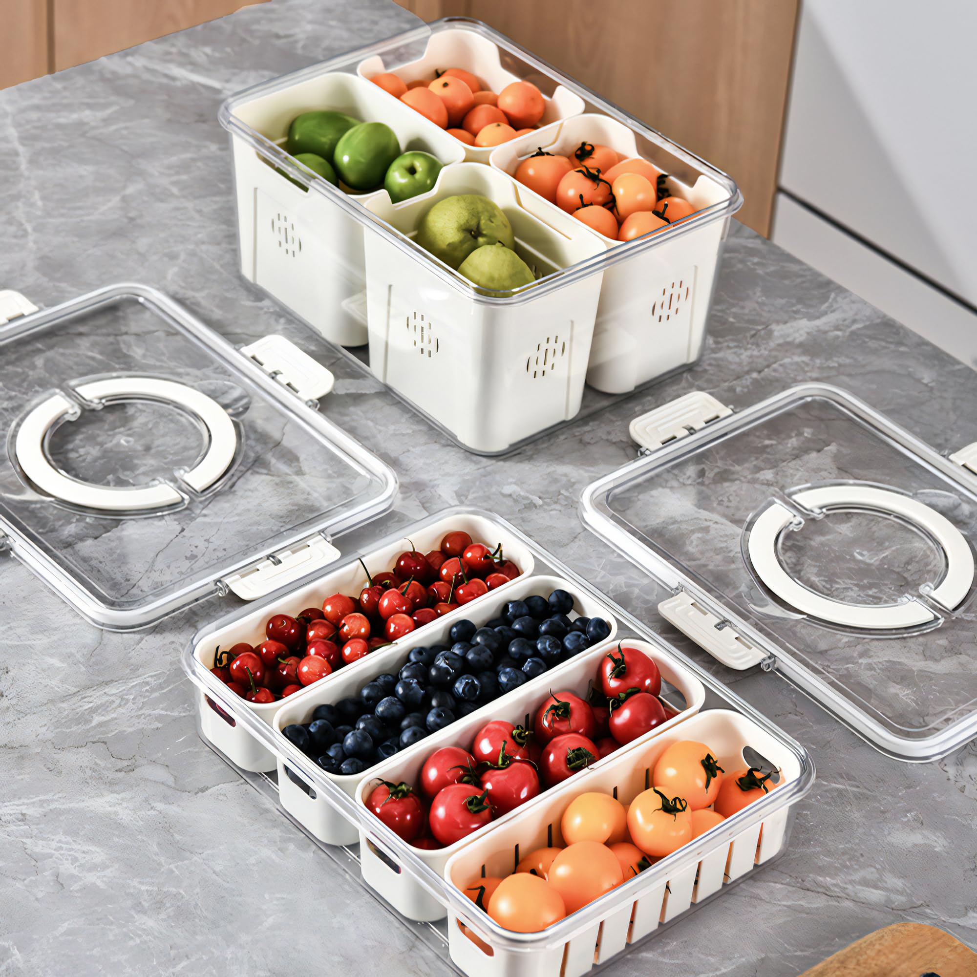 Paquete de 2 cajas divididas para aperitivos con tapas, bandeja apilable para servir alimentos para frutas y verduras, contenedor de almacenamiento de plástico para refrigerador de despensa, 6