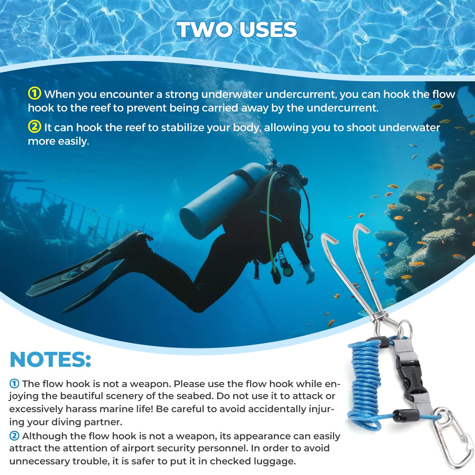 Tbest Riffhaken Tauchen Edelstahl Riffhaken Mit Spiralkabel Scuba Diving Reef Haken Edelstahl Reef Hook Tauchhaken Scuba Safety Zubehör mit Spiral Coil Lanyard Schnellverschluss