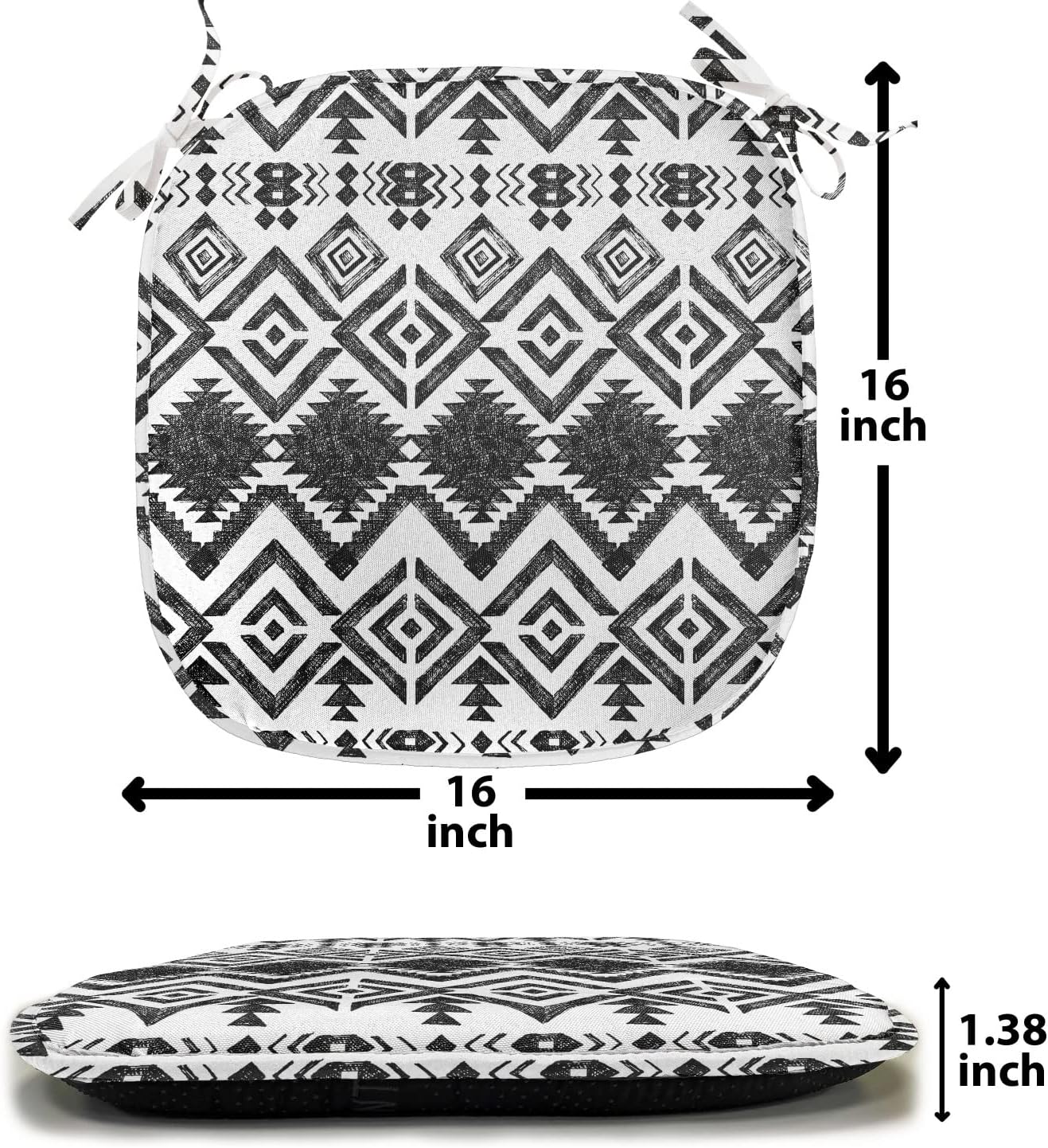 Lunarable Tribal Chair Seating Cushion Set of 4, Hand Drawn Style Ethnic Pattern Geometric and Oranmental Aztec Design Print, Anti-Slip Seat Padding for Kitchen & Patio, 16"x16", White and Black