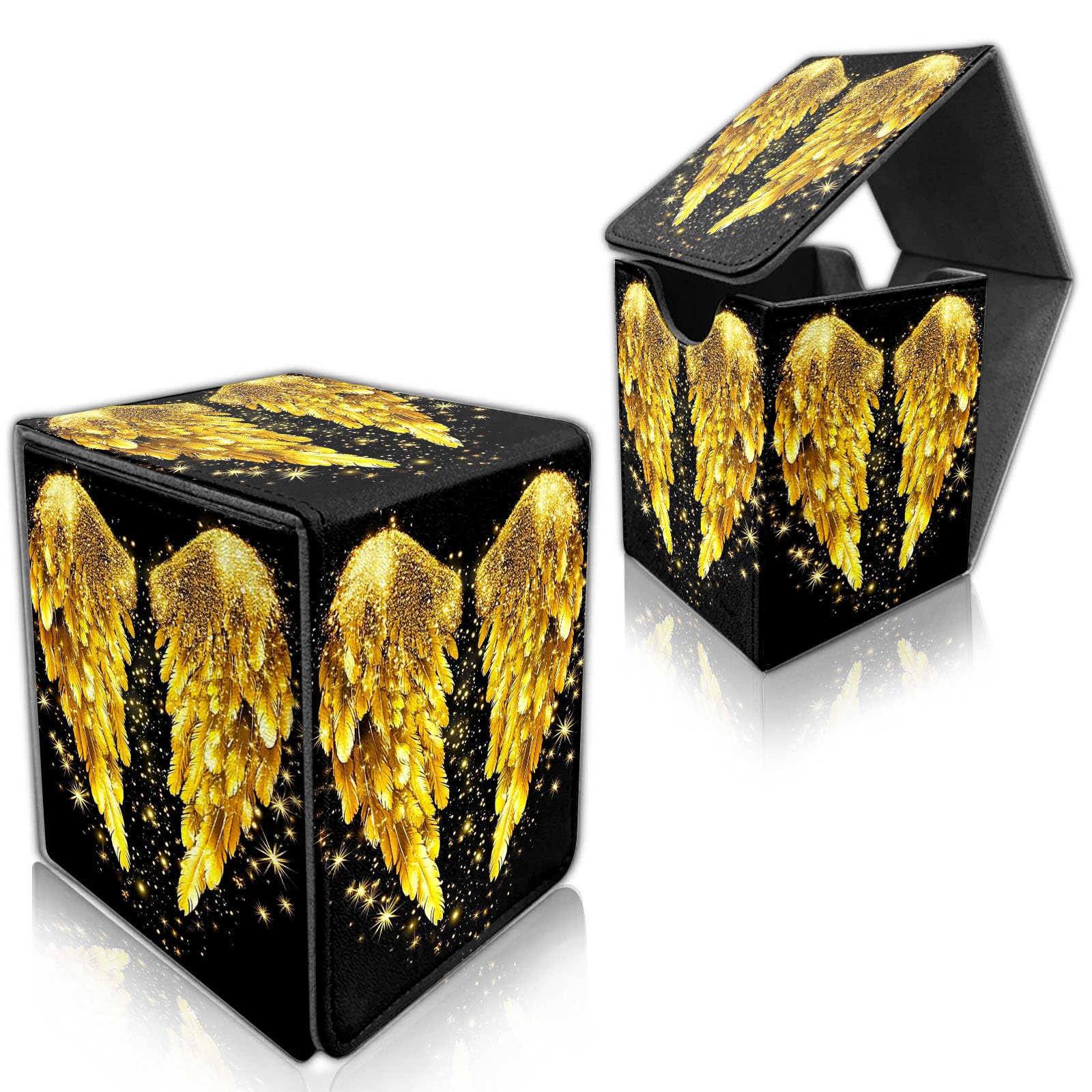 DISUOFEART for MTG Deck Box, Trading Card Storage Case Holds 100+ Sleeved Cards, Golden Angel Wings Glittering Magnetic Closure Durable Deck Holder for Magic The Gathering, TCG & Commander