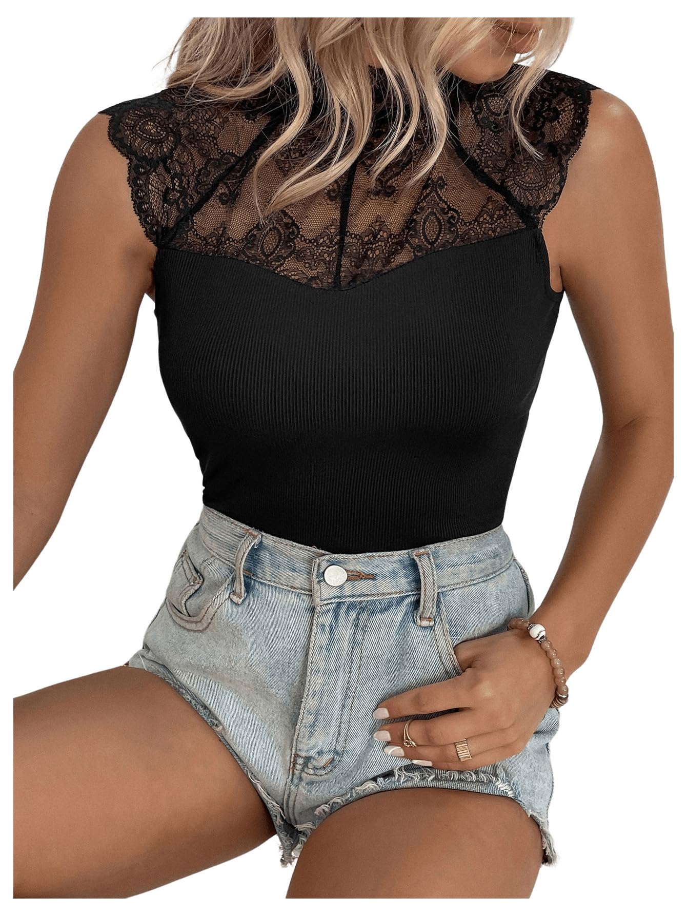 OYOANGLE Women's Casual Cap Short Sleeve Floral Mesh Lace Blouse Mock Neck Tops