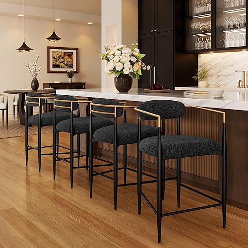 Miniatura 7 de Morden Fort Juego de 2 taburetes de bar de altura de mostrador, modernos taburetes tapizados con respaldos y patas de metal negro, sillas de isla de