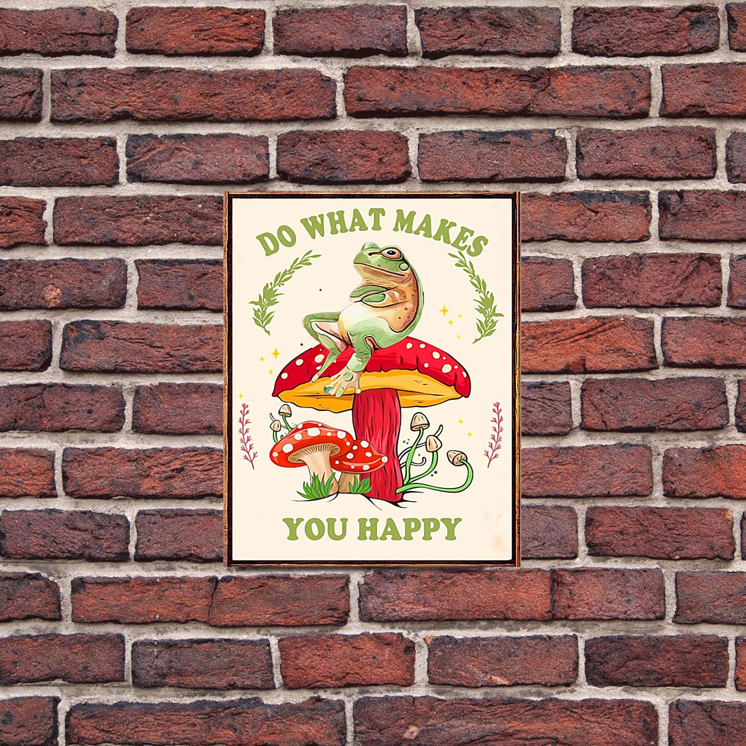 Targa in metallo con scritta Do What Makes You Happy, divertente rana e fungo, decorazione da parete vintage per camera da letto, bar, ufficio, 20 x 30 cm