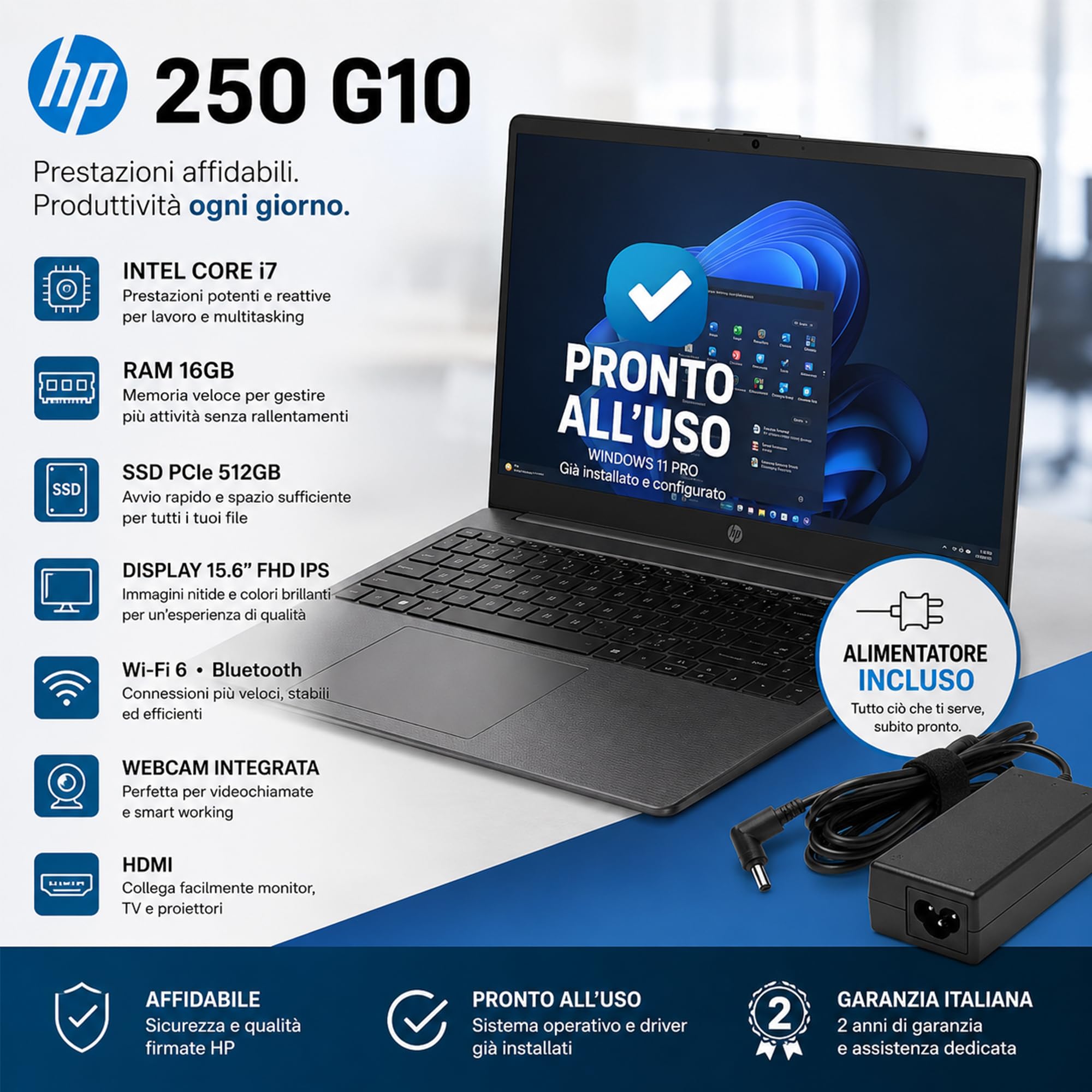 HP 250 G10 PC Portatile Intel Core i7 Display 15.6" IPS FHD antiriflesso | RAM 16Gb, SSD Pci 512Gb, Wi-Fi 6, BT, WebCam, HDMI, Pronto all'Uso, include alimentatore e libre Office