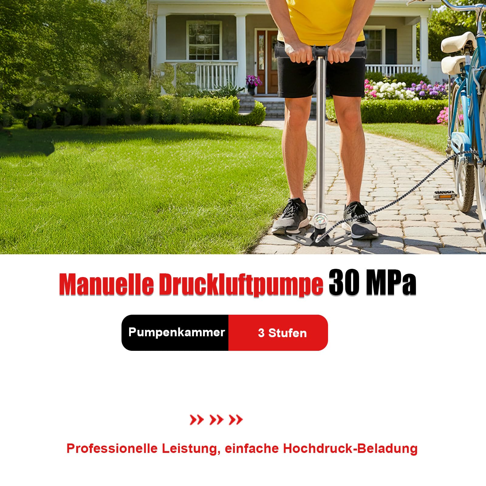 LALABU PCP-Handpumpe,Dreistufige Hochdruckluftpumpe,30 MPa 4500 PSI Hochdruck PCP Luftgewehr Füllbügelpumpe mit Manometer für Fahrrad, Luftgewehr