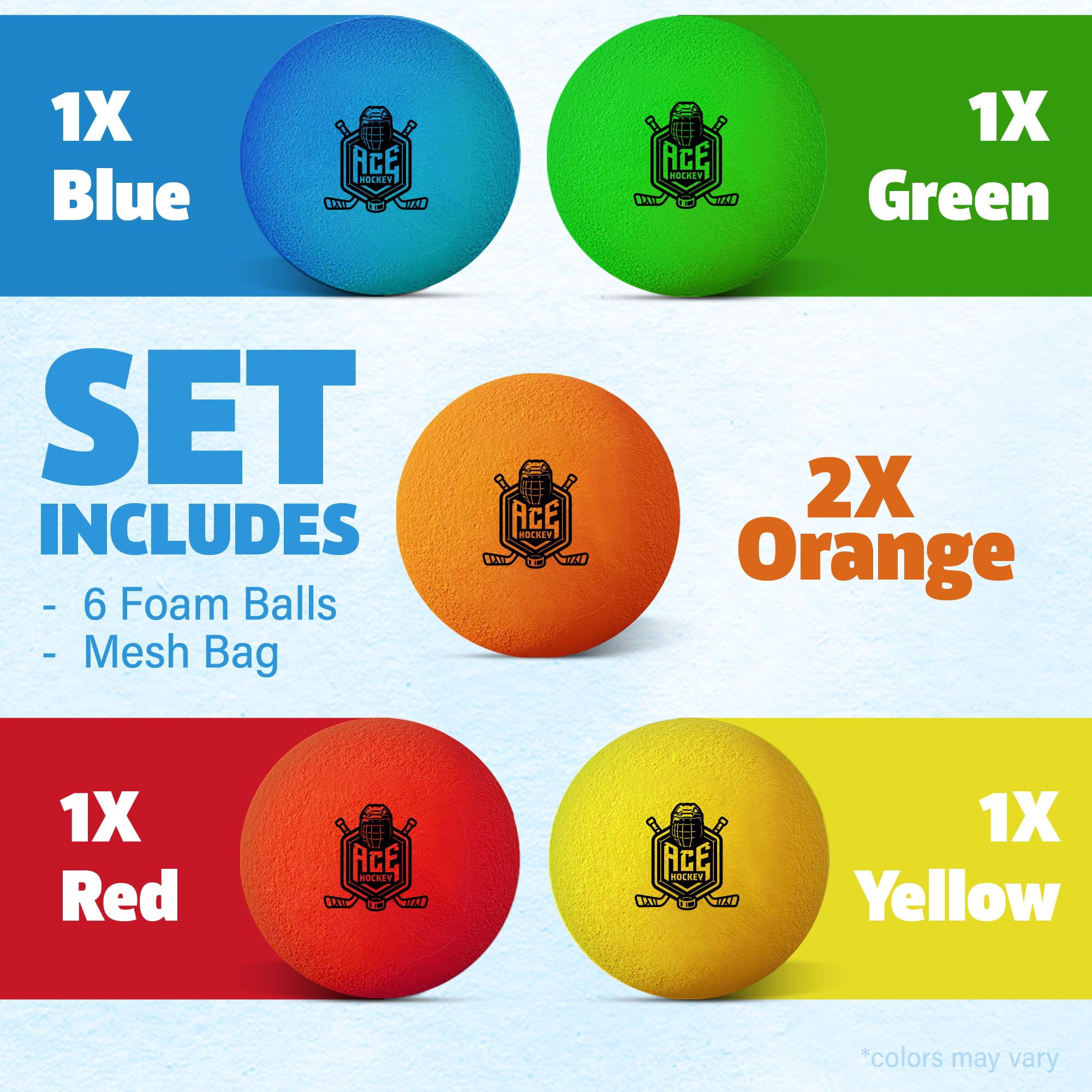 Mini pelotas de hockey – Juego de 6 bolas de espuma suave – Tamaño de 2 pulgadas – Seguro interior para rodillas, entrenamiento de hockey en suelo y diversión – Varios colores incluidos 2